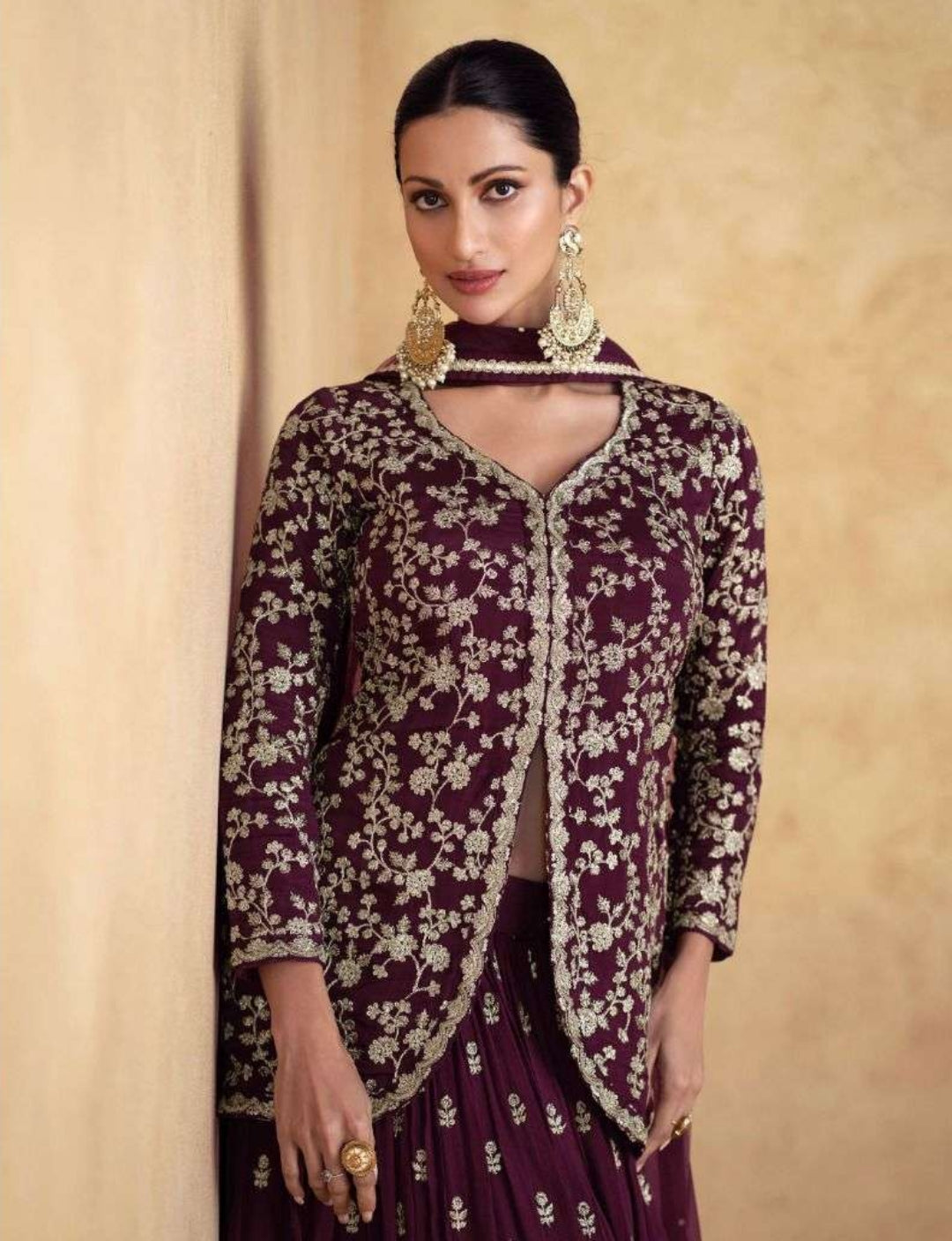 Maroon Embroidered Jacket Style Lehenga Set