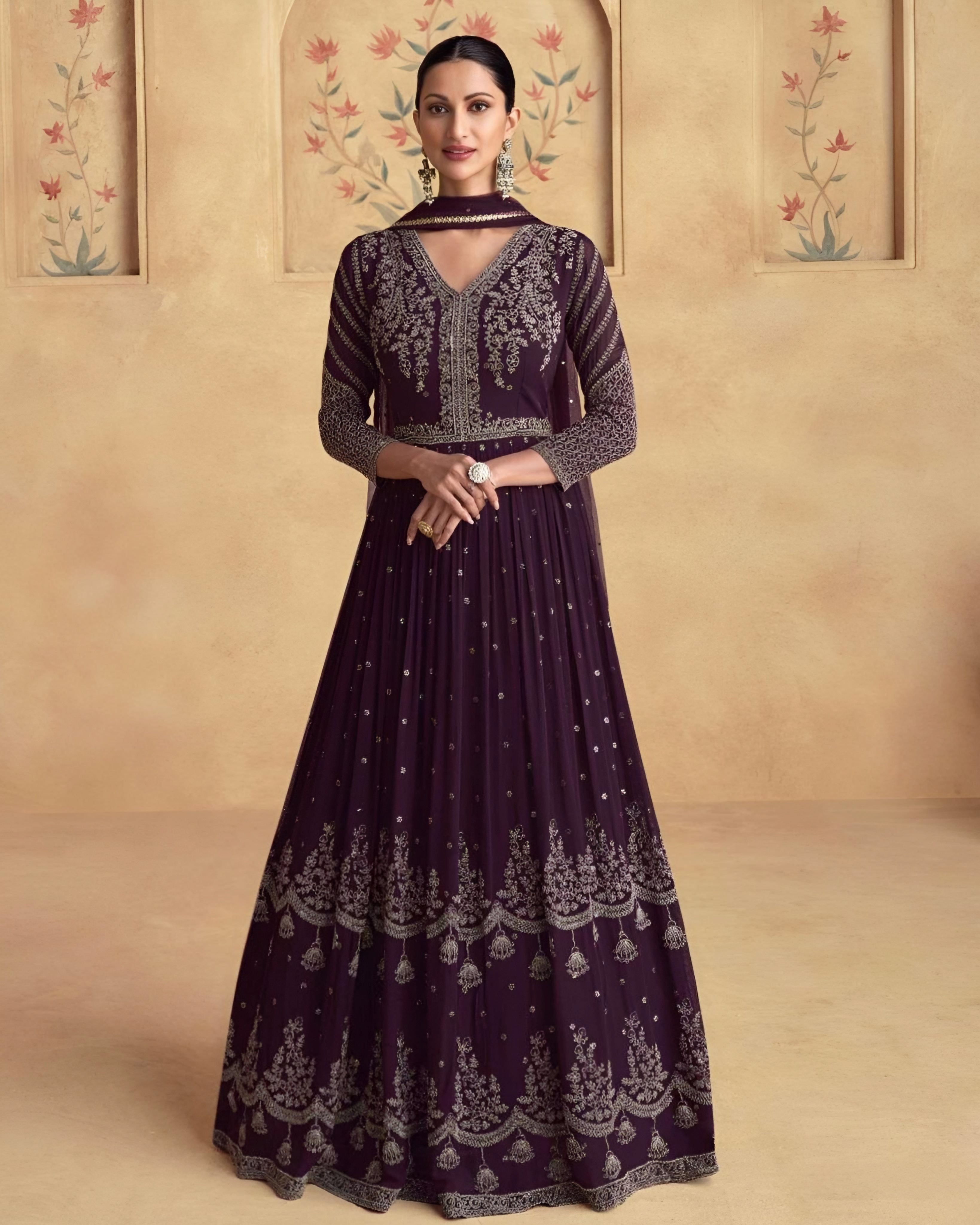 Deep Plum Embroidered Anarkali Gown Set