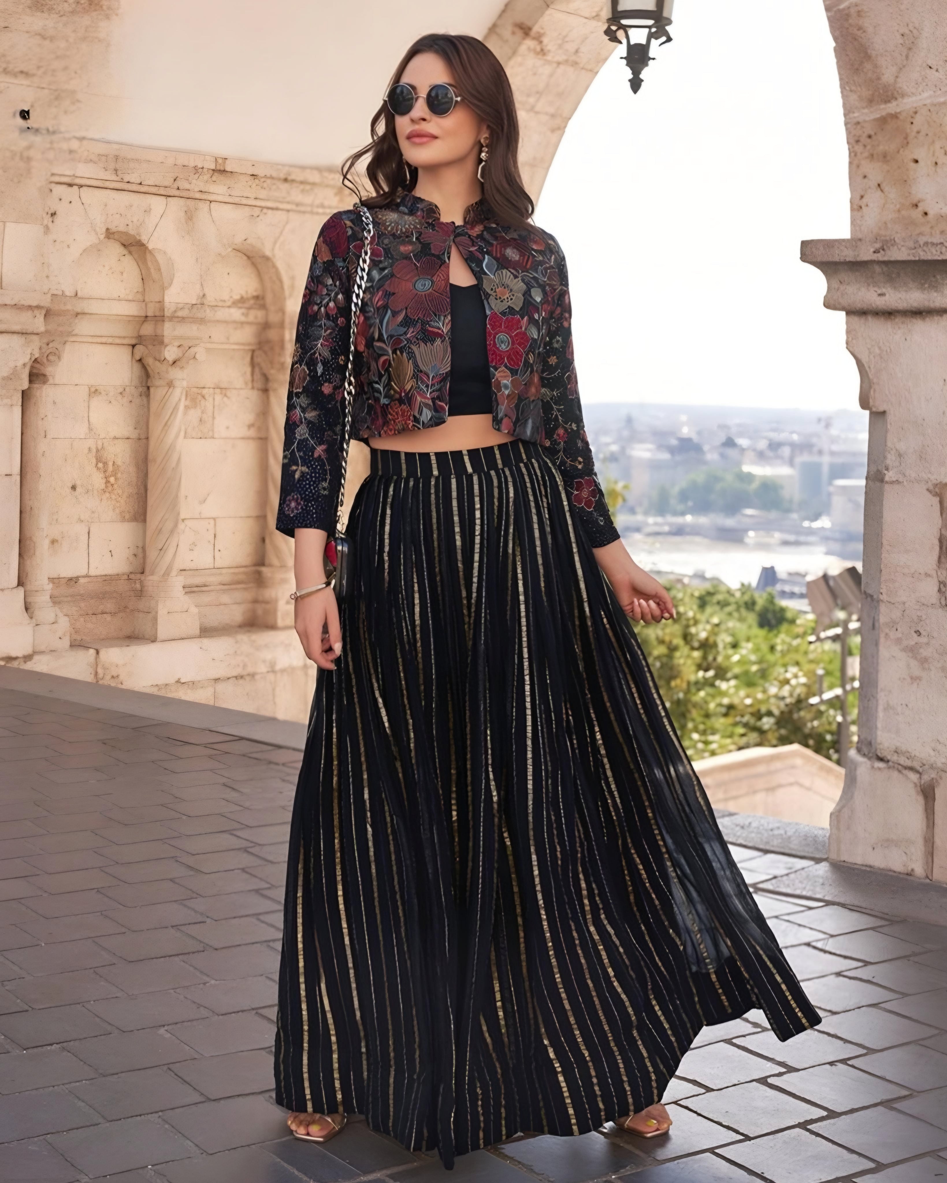 Floral Chinon Silk Jacket and Striped Indo Western Lehenga