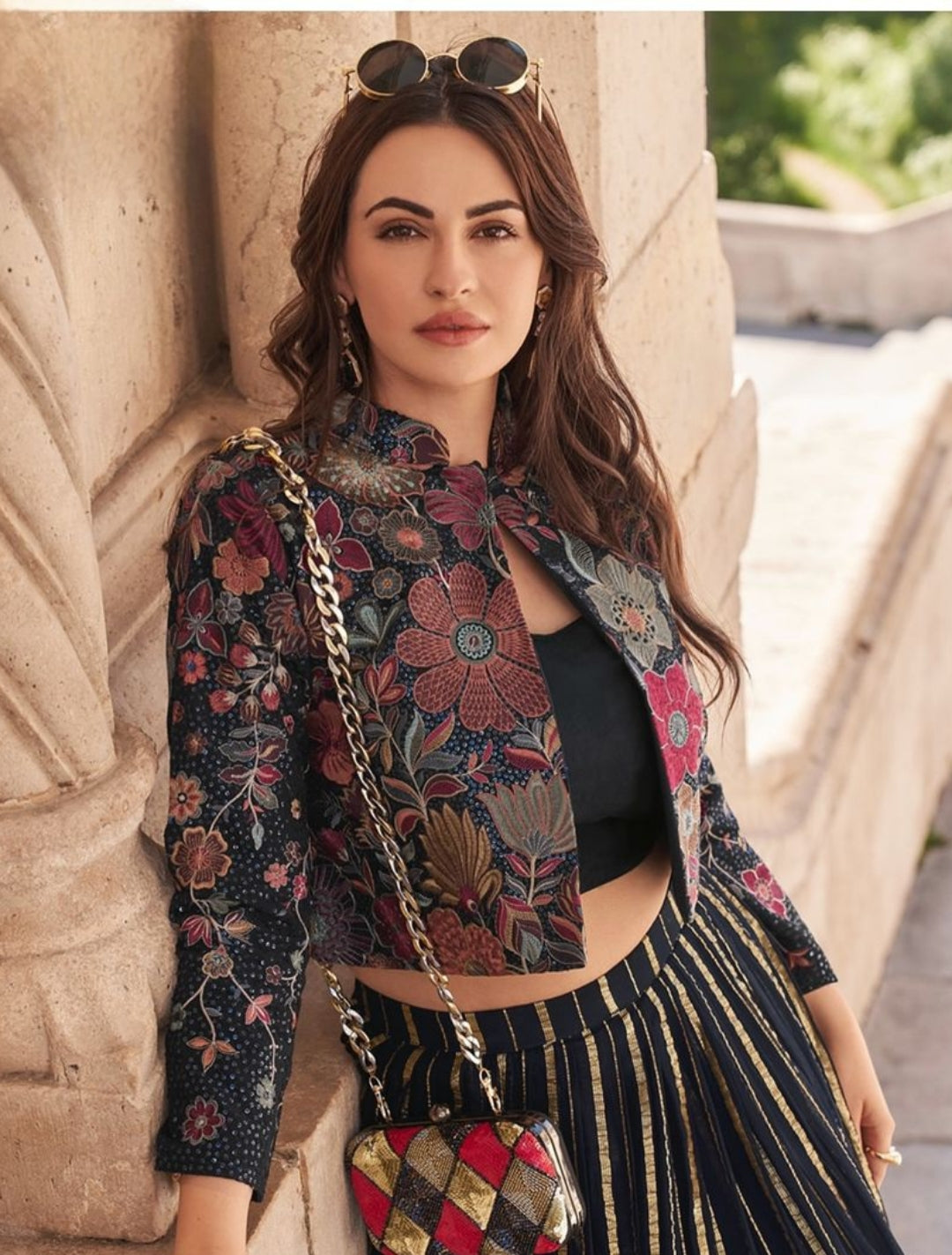 Floral Chinon Silk Jacket and Striped Indo Western Lehenga