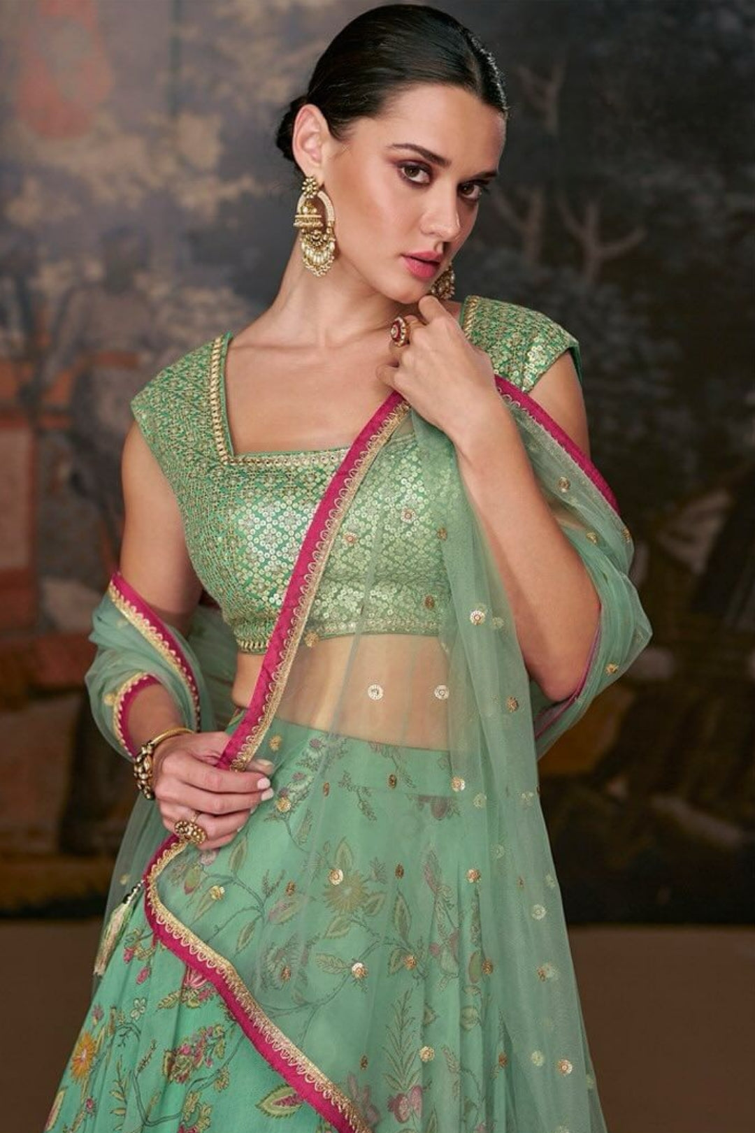 Mint Green Lehenga with Embroidered Blouse and Dupatta