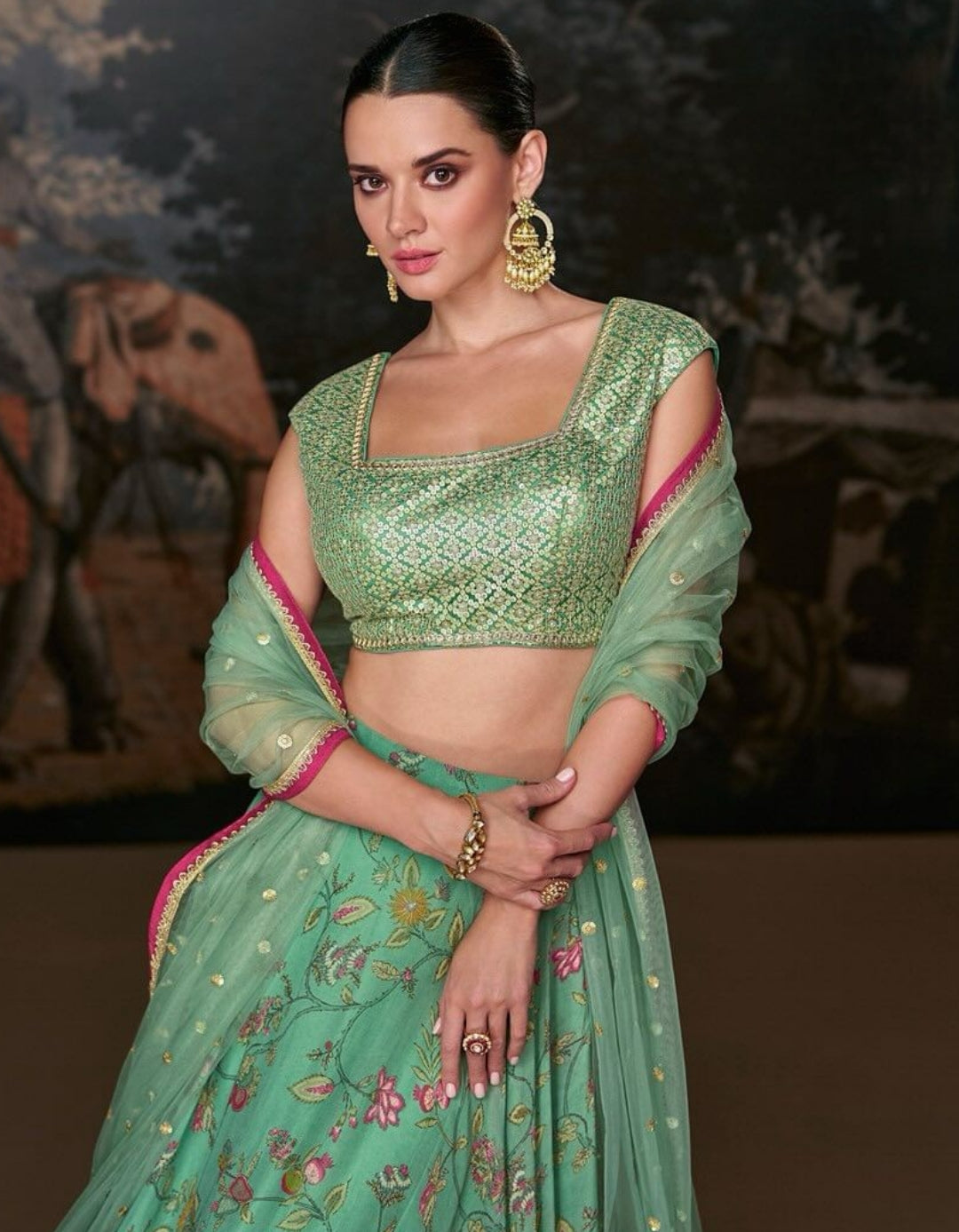 Mint Green Lehenga with Embroidered Blouse and Dupatta