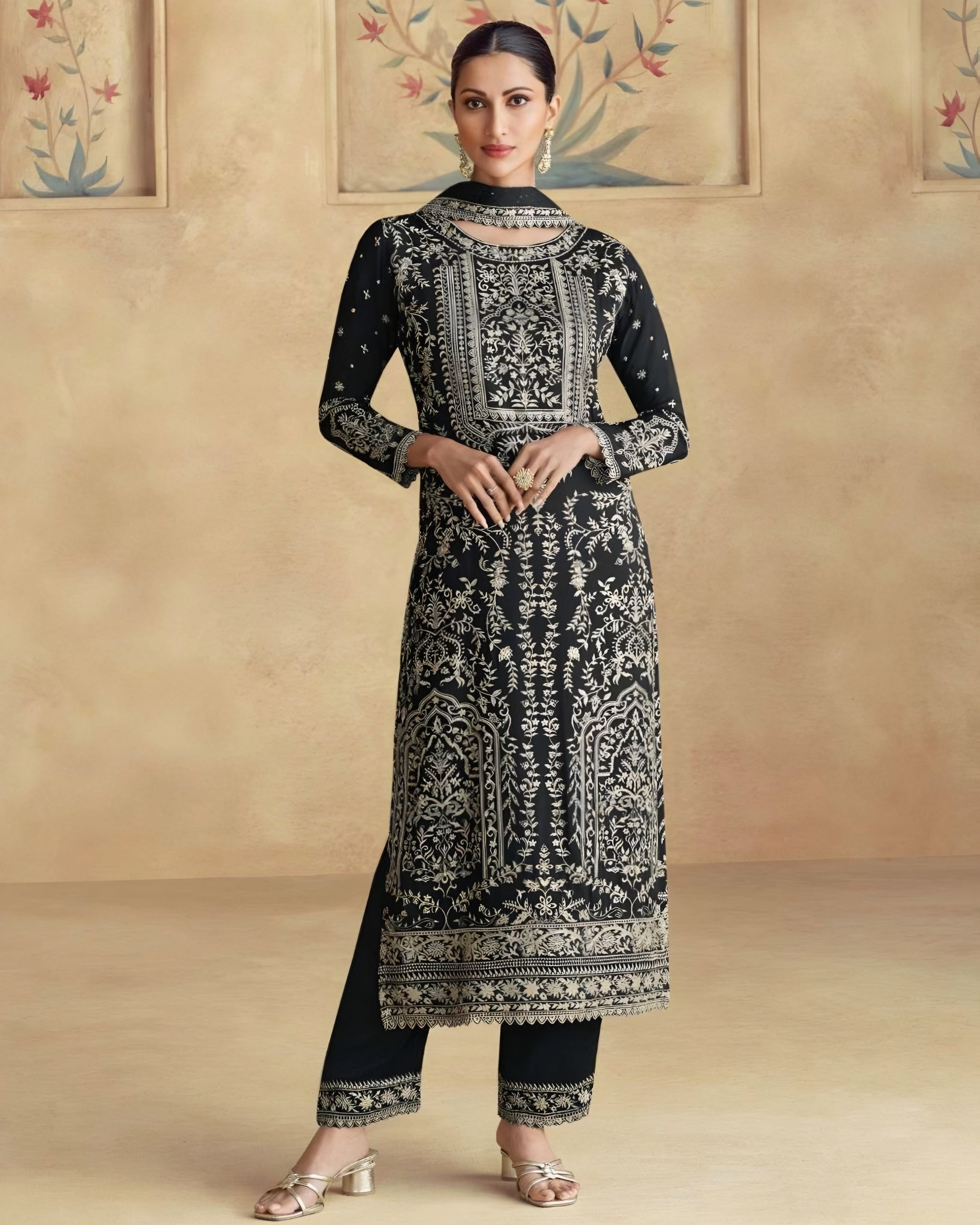 Black Chinon Silk Embroidered Ethnic Suit with Palazzo and Dupatta