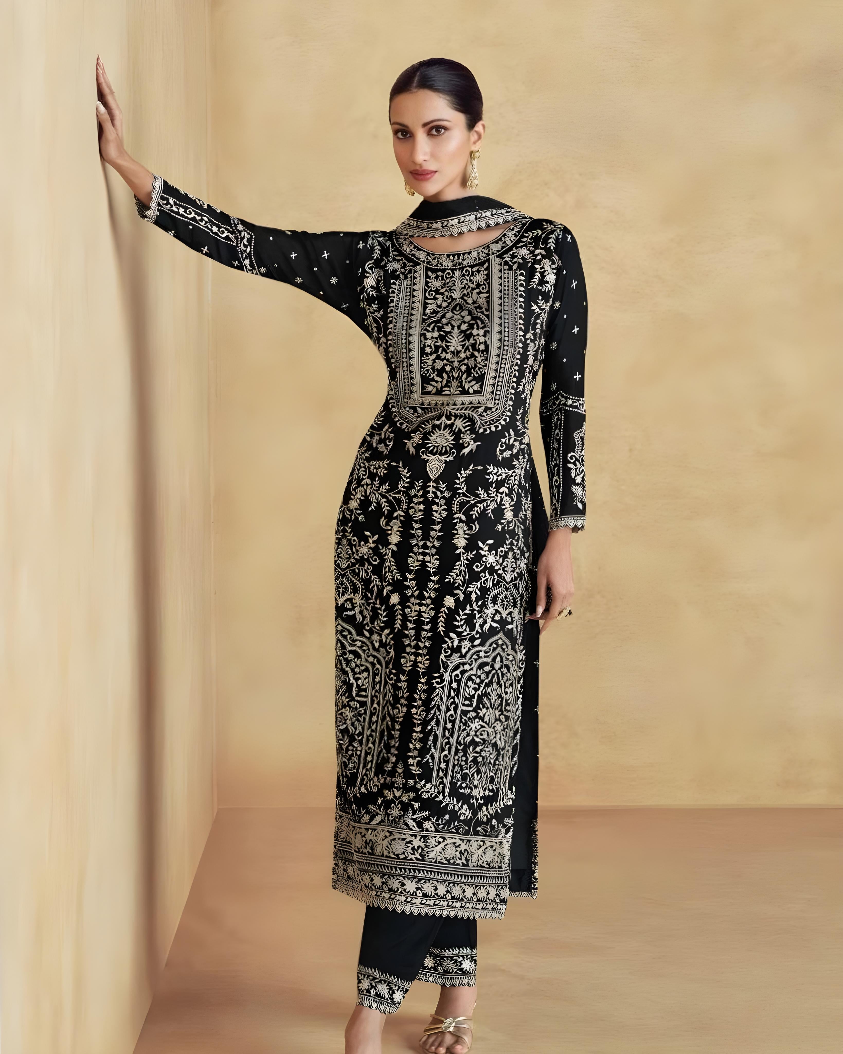 Black Chinon Silk Embroidered Ethnic Suit with Palazzo and Dupatta