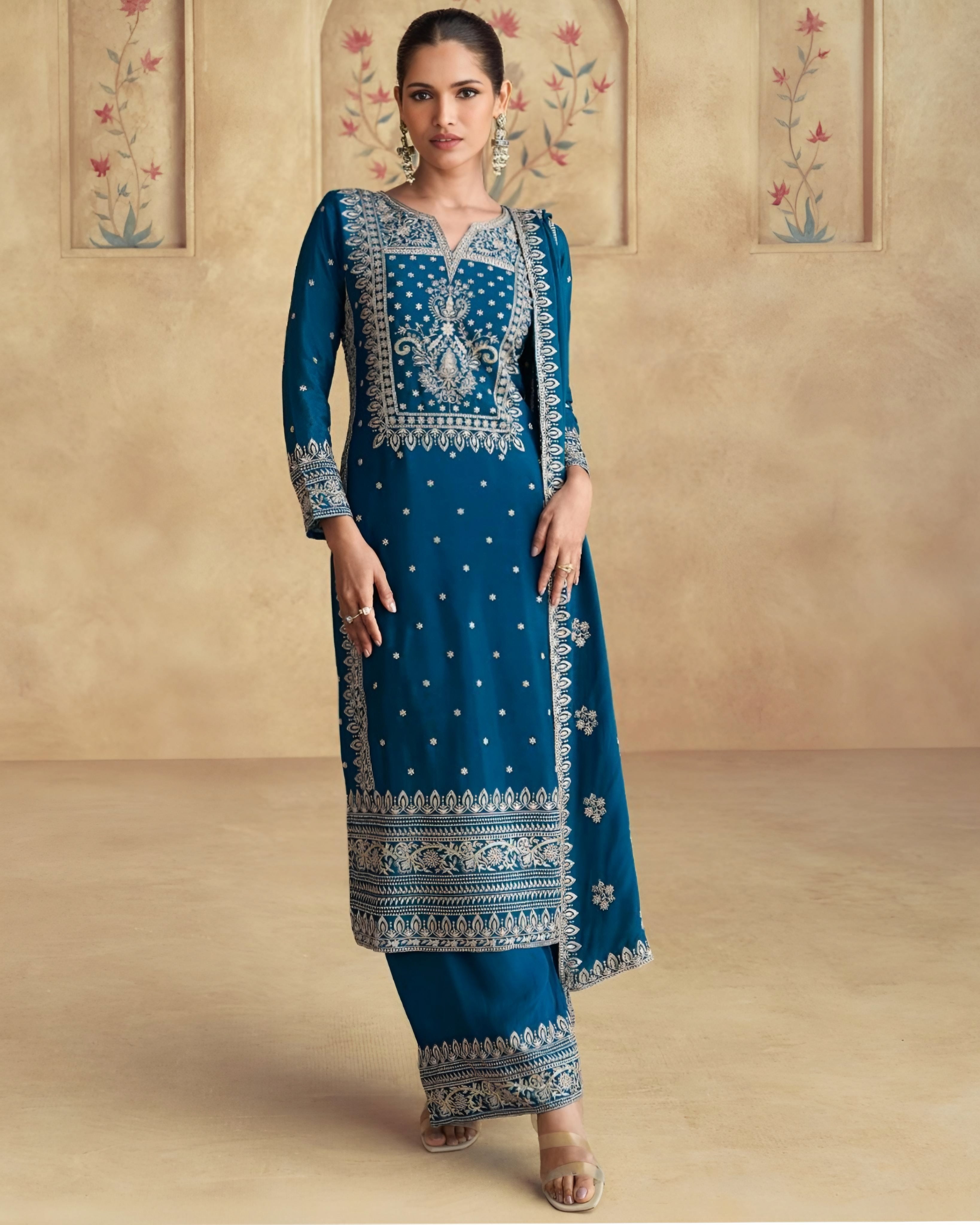 Teal Blue Chinon Silk Embroidered Ethnic Suit with Palazzo and Dupatta