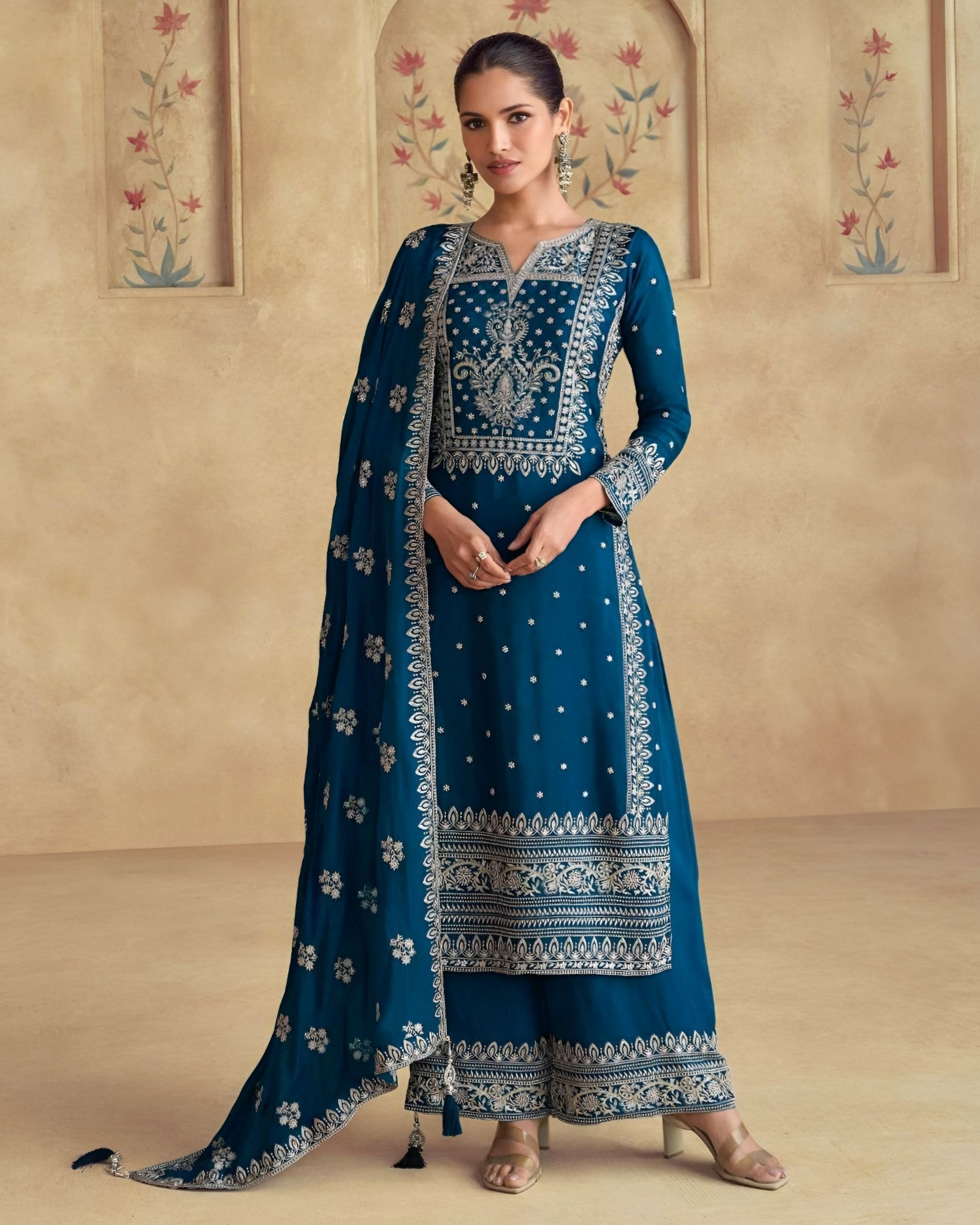 Teal Blue Chinon Silk Embroidered Ethnic Suit with Palazzo and Dupatta