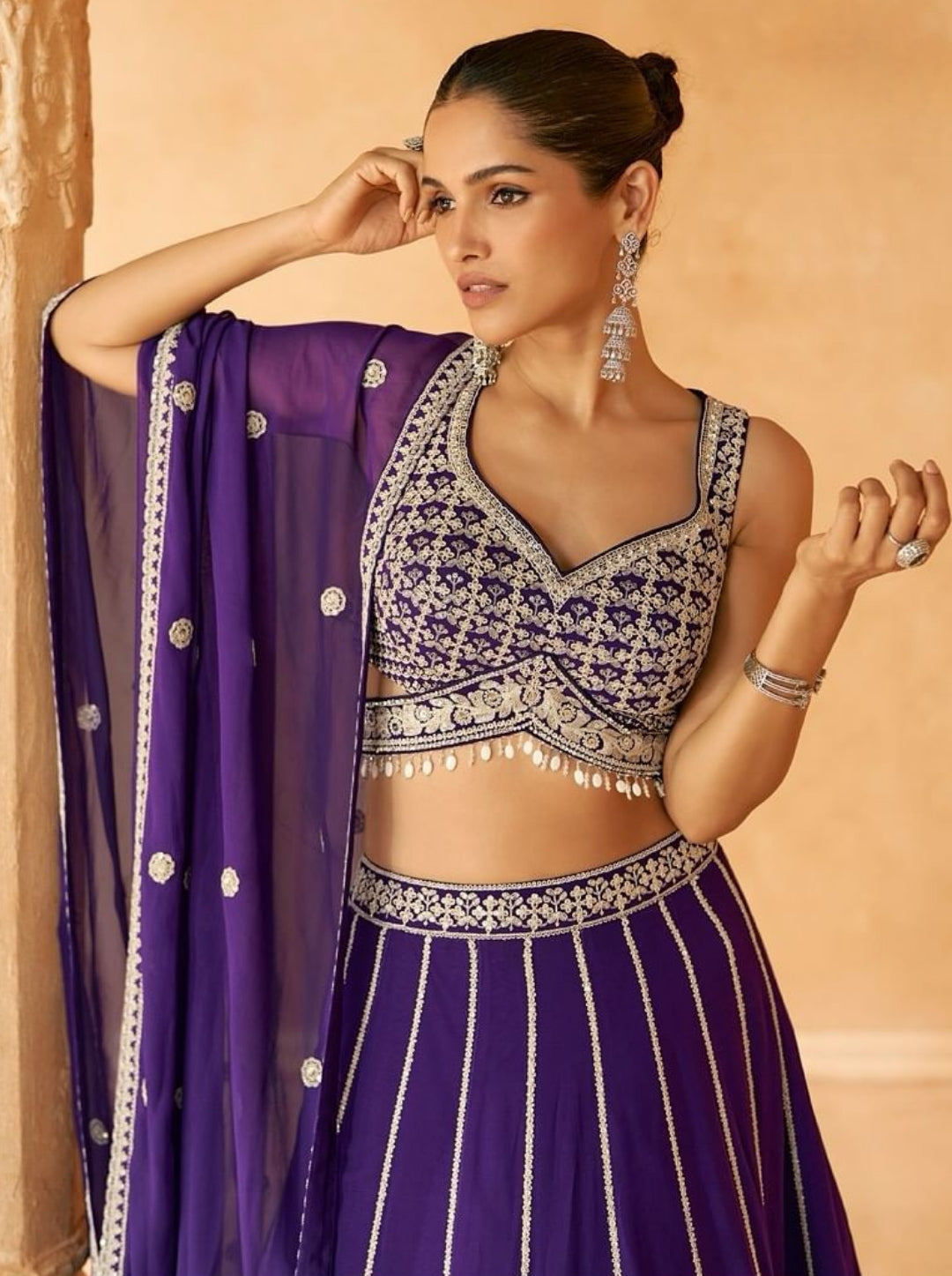 Purple Embroidered Chinon Silk Lehenga Set with Dupatta