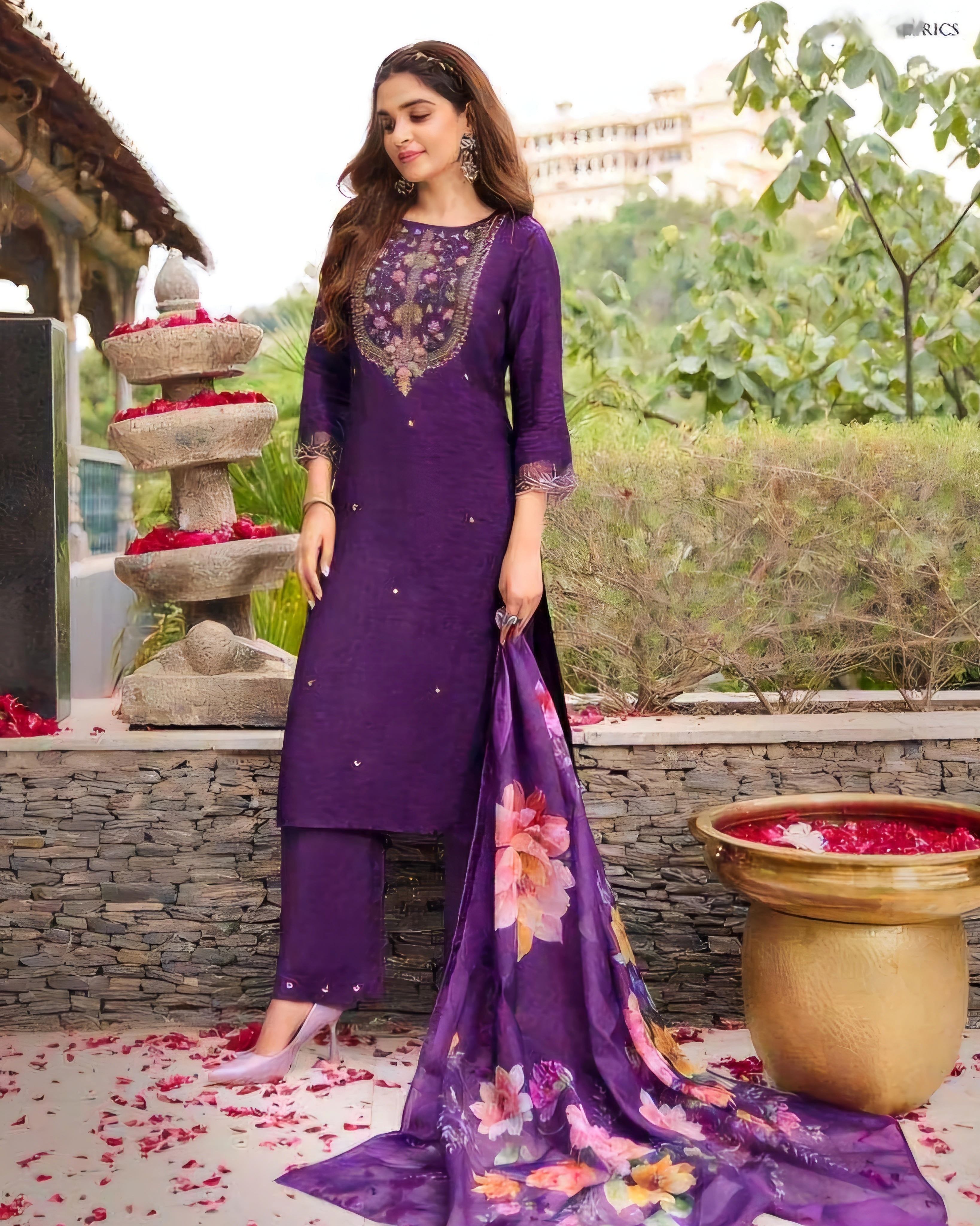 Rich purple  Silk Salwar Suit with Floral Organza Dupatta