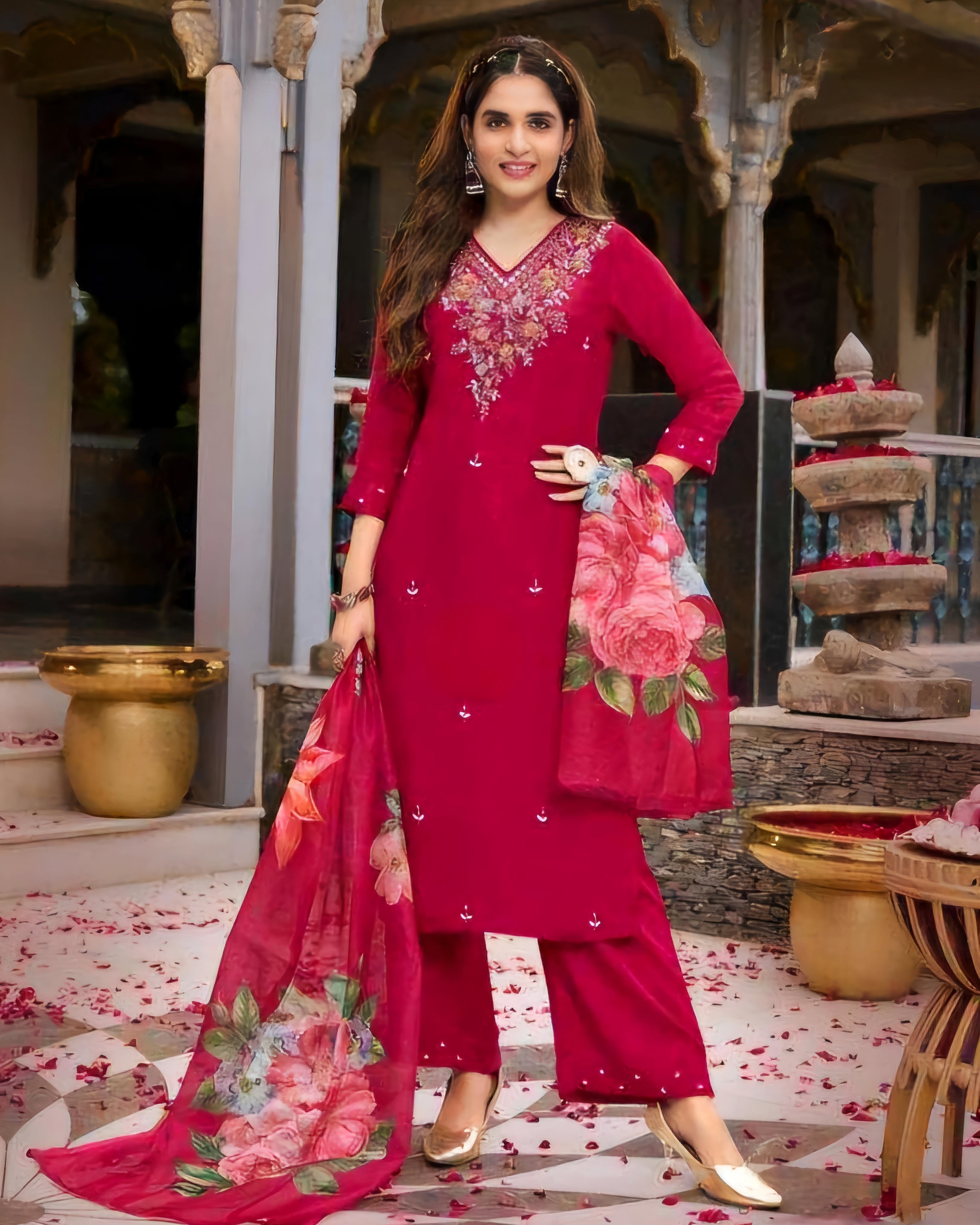 Deep Red Dola Silk Salwar Suits Plus