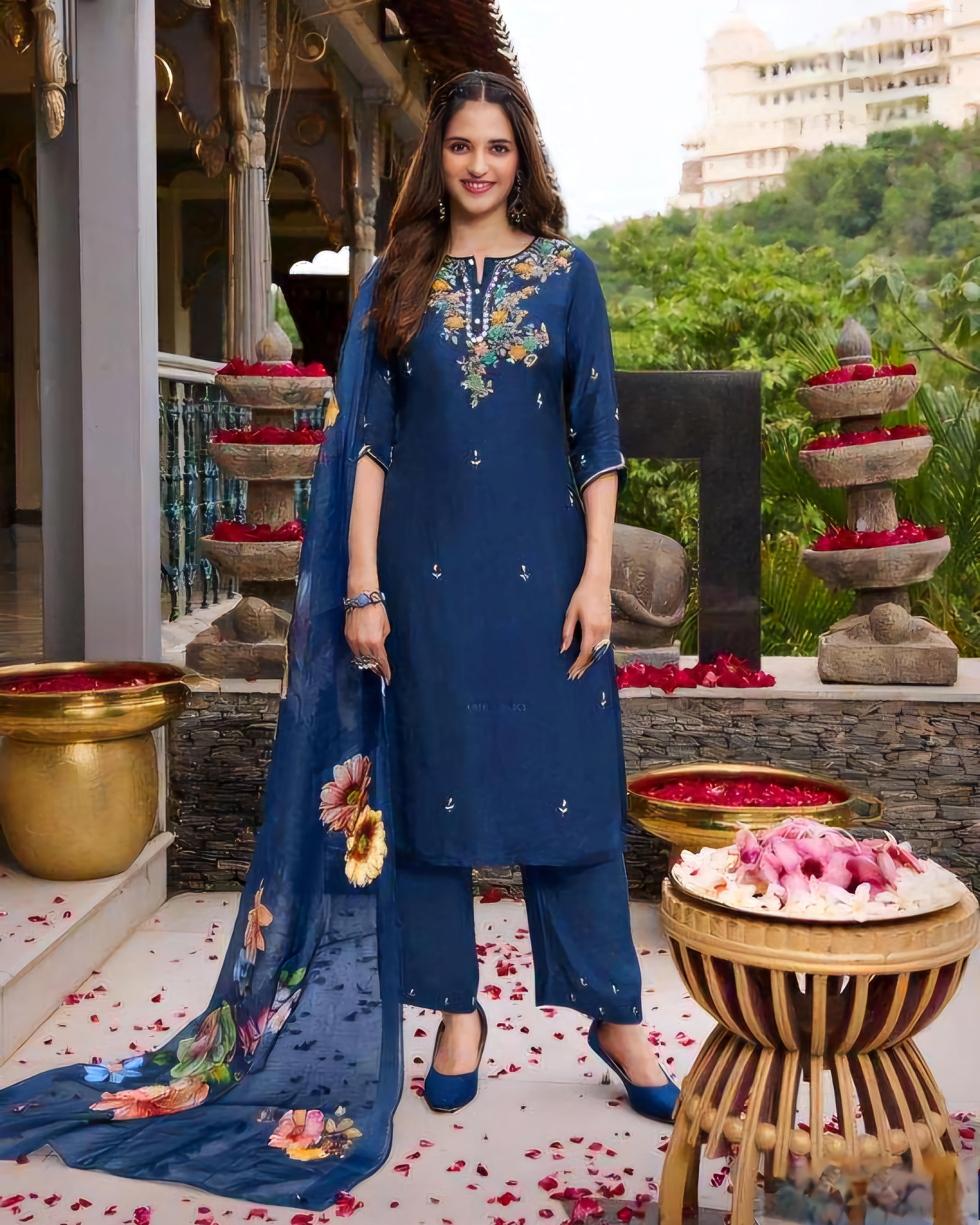 Deep Blue Silk Salwar Suit with Floral Organza Dupatta