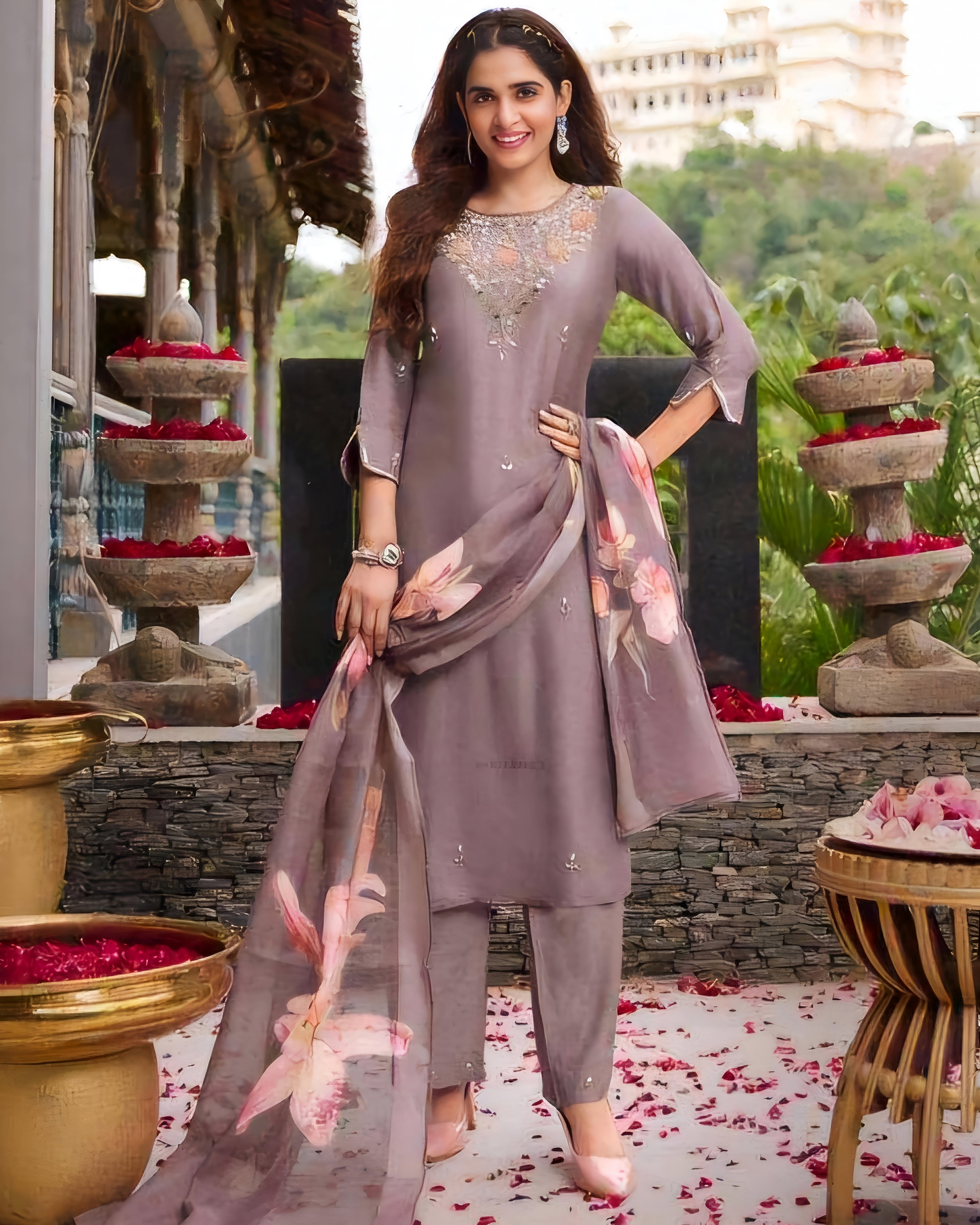 Gray Silk Salwar Suit with Floral Organza Dupatta