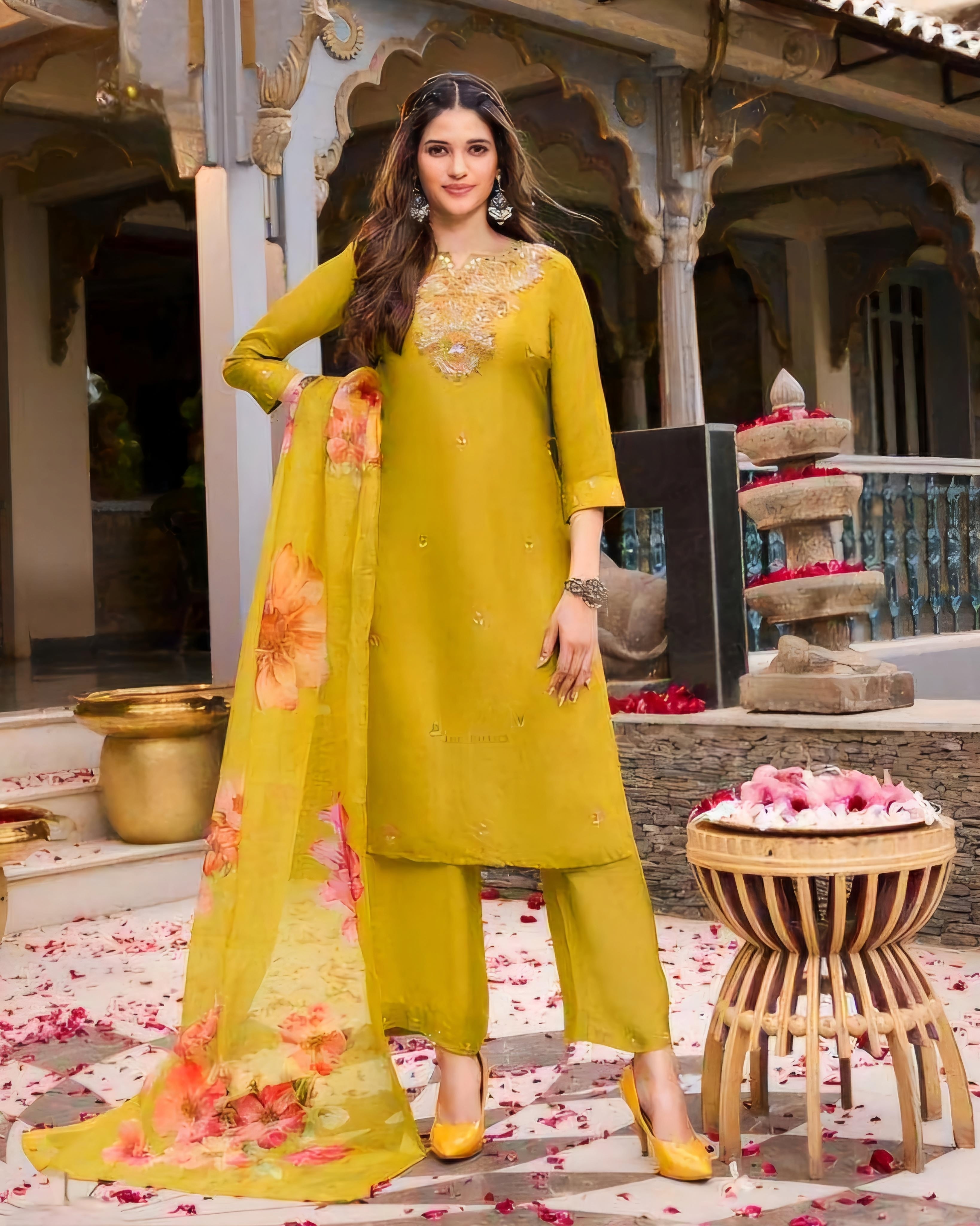 Classic Mustard Dola Silk Salwar Kameez Plus