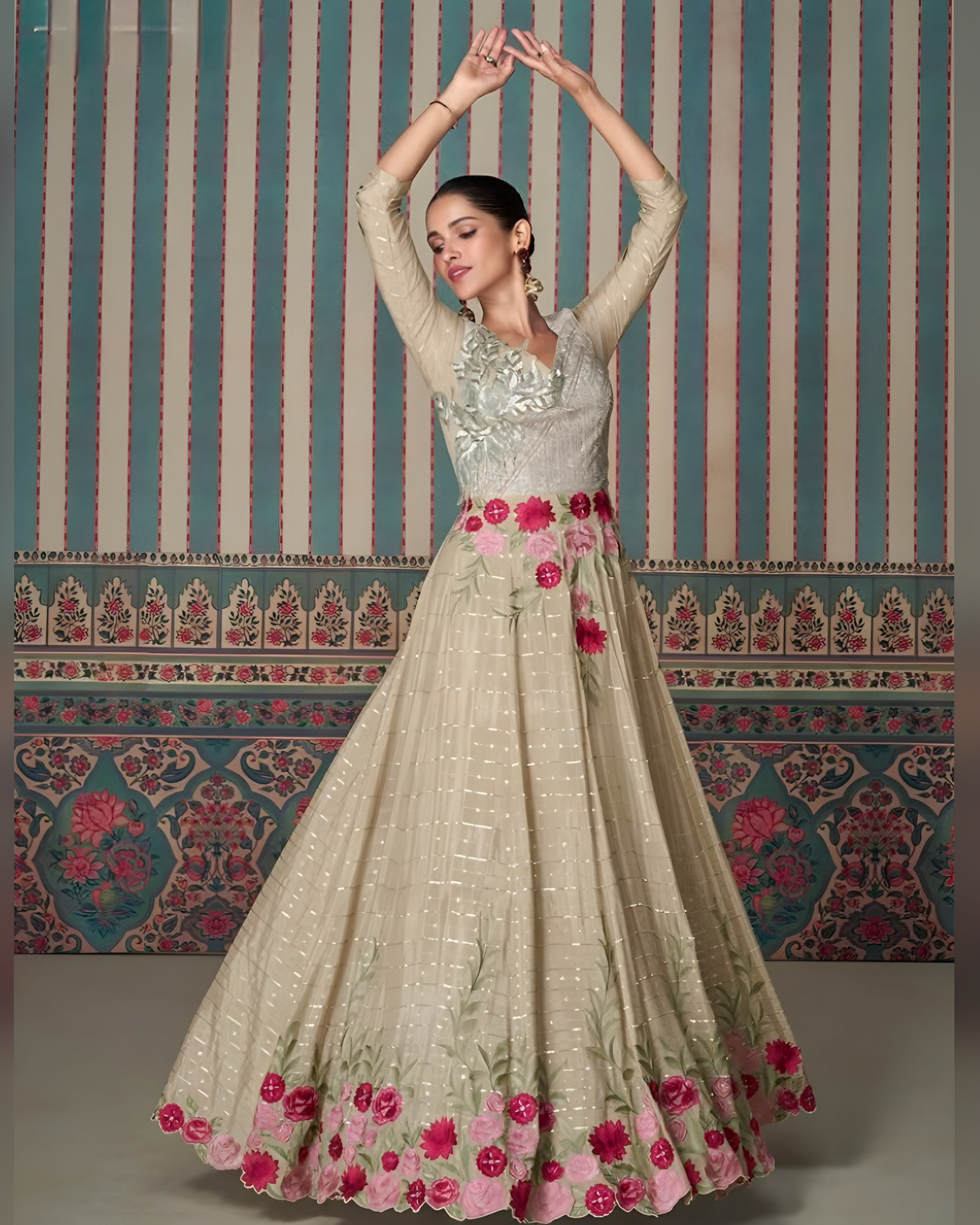 Elegant Premium Silk Floral Anarkali Gown Beige