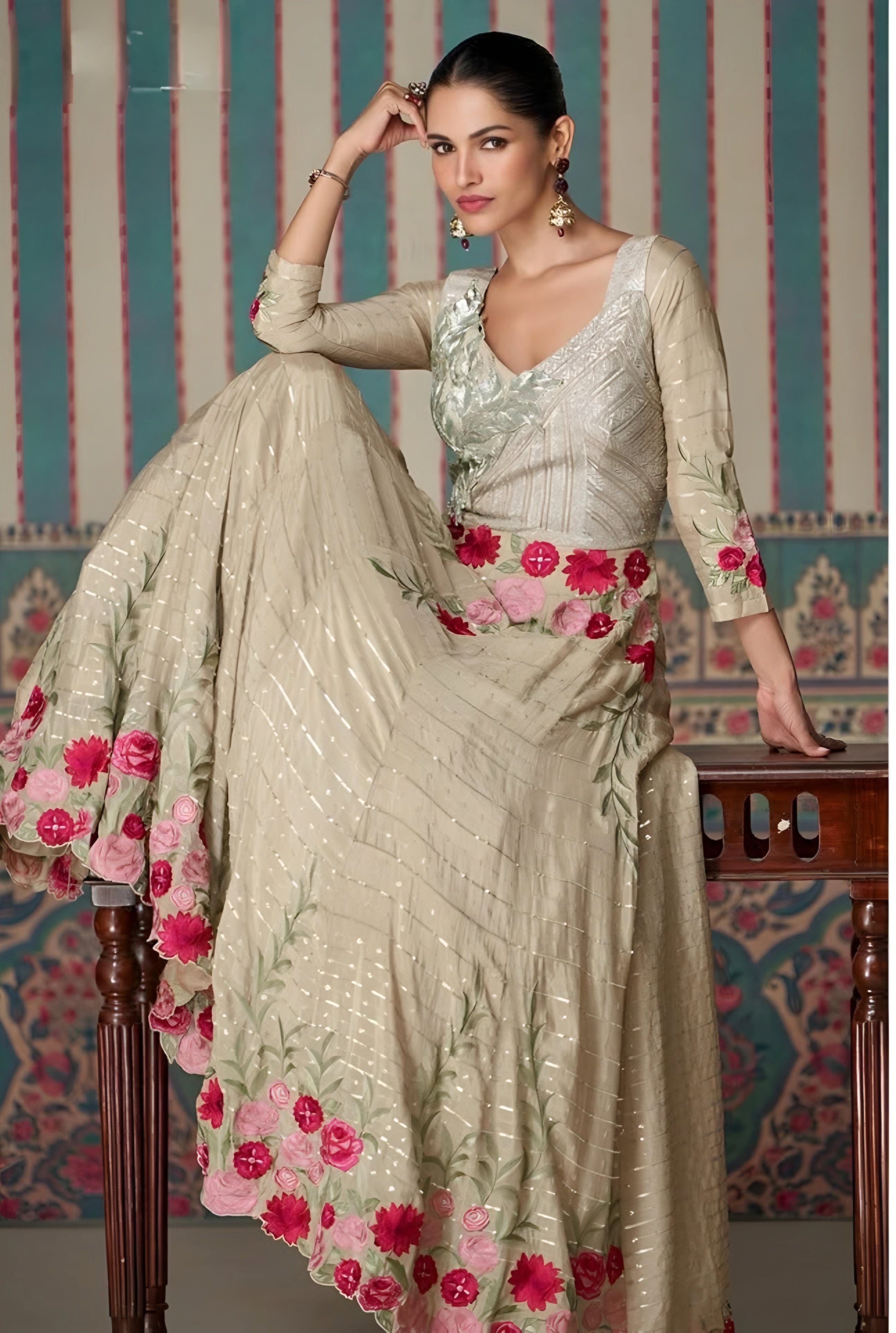 Elegant Premium Silk Floral Anarkali Gown Beige