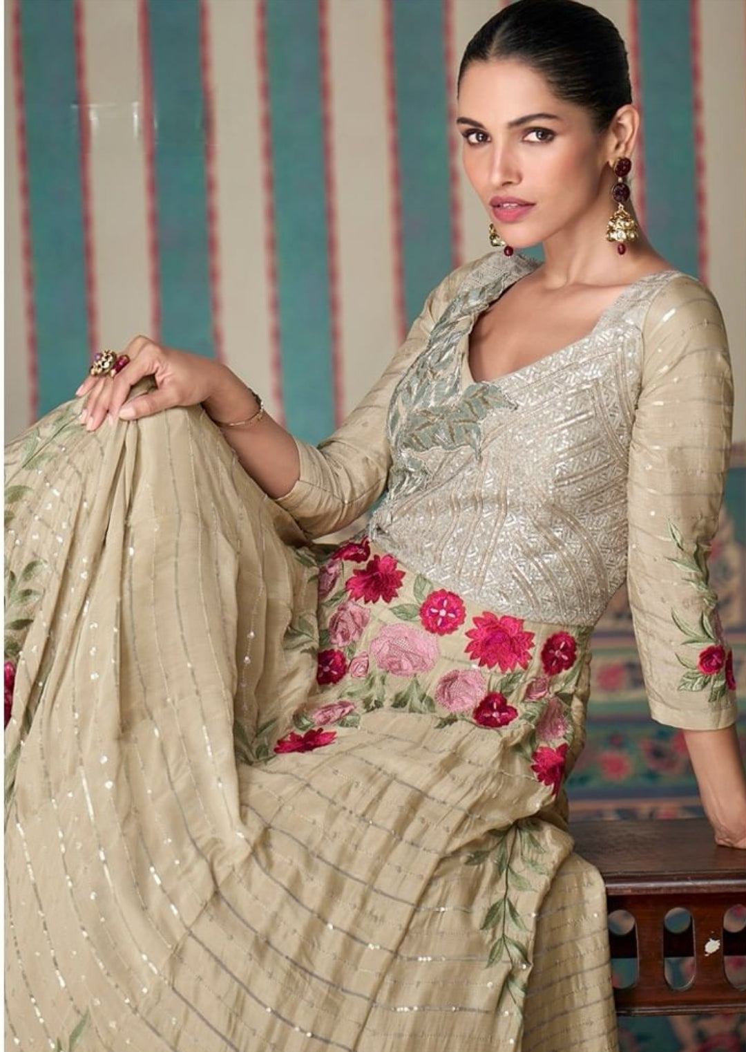 Elegant Premium Silk Floral Anarkali Gown Beige