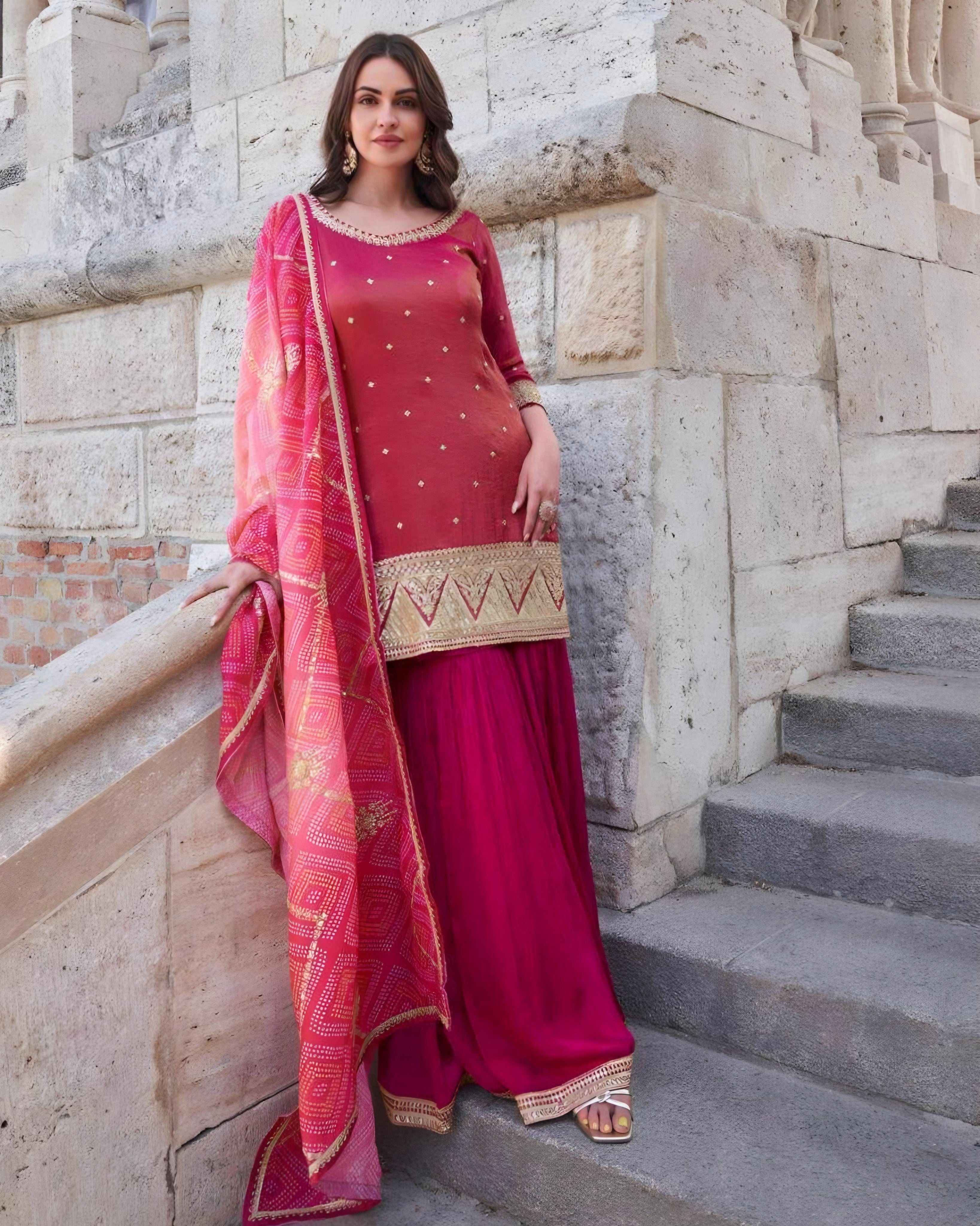 Pink Simar Silk Palazzo Suit with Embellished Dupatta