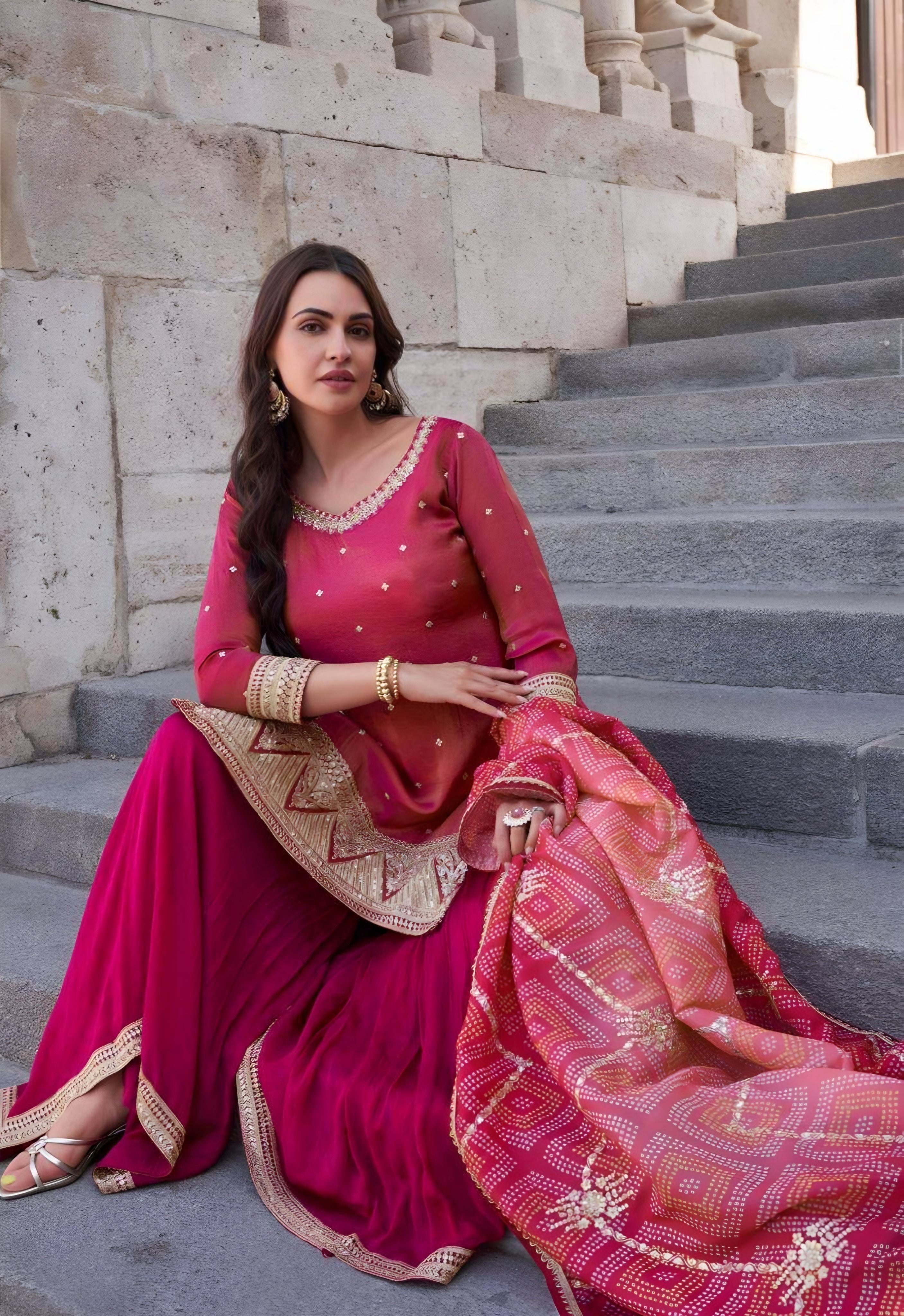 Pink Simar Silk Palazzo Suit with Embellished Dupatta