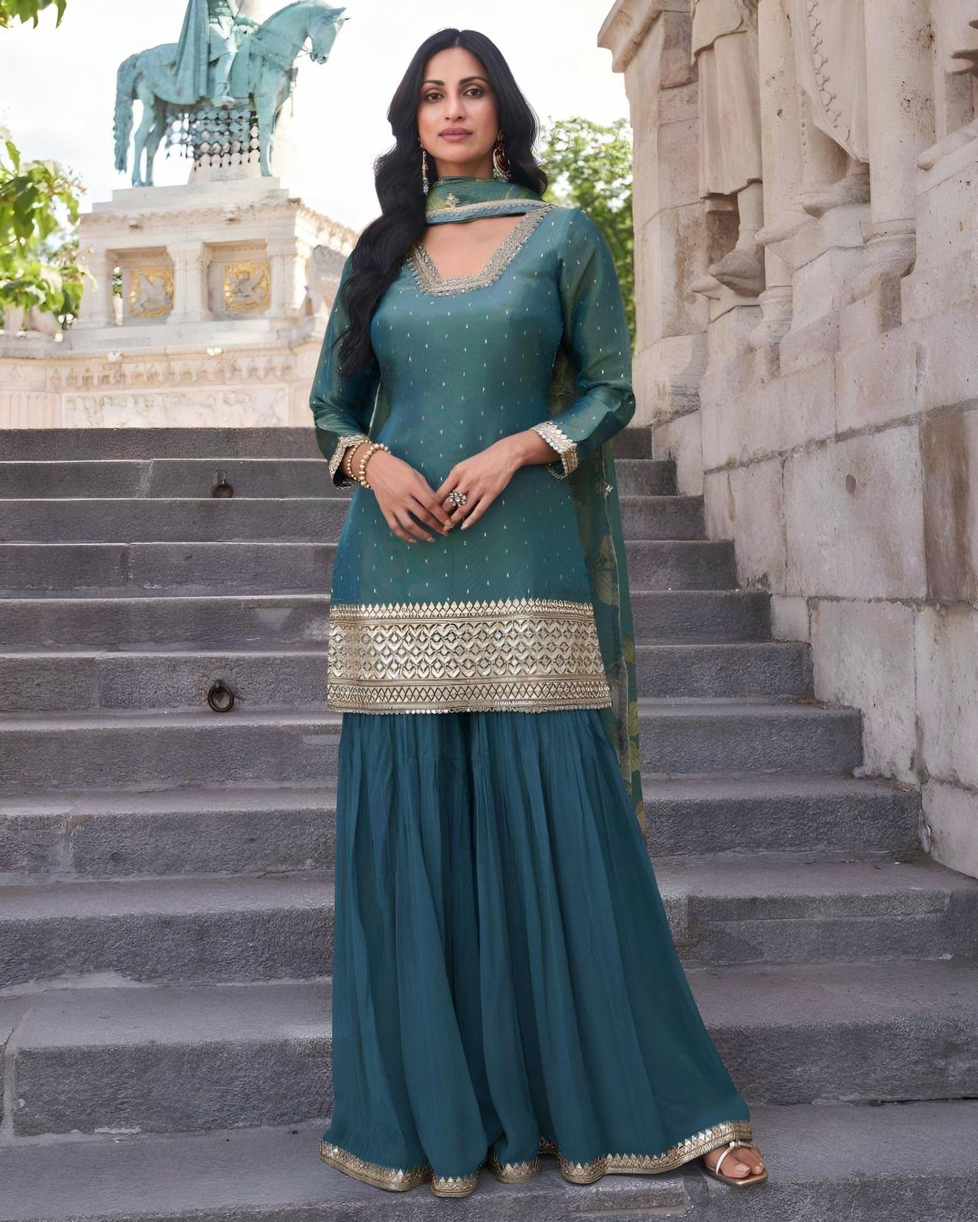 Teal Simar Silk Palazzo Suit with Golden Embroidery