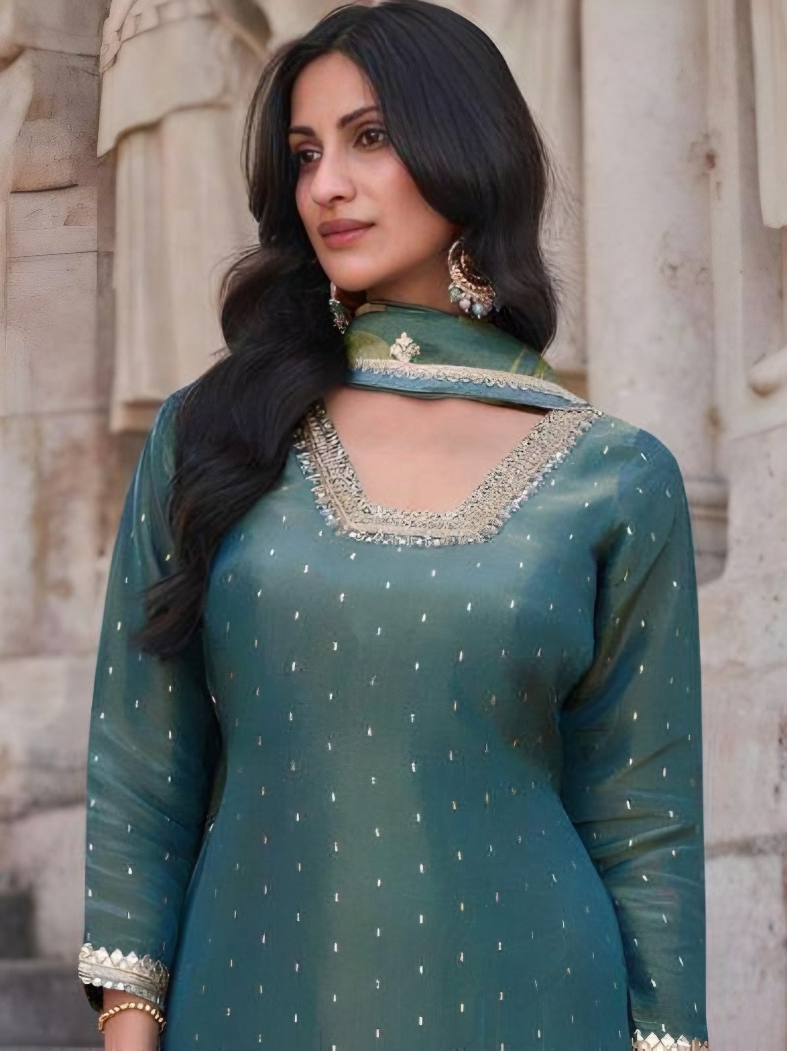 Teal Simar Silk Palazzo Suit with Golden Embroidery