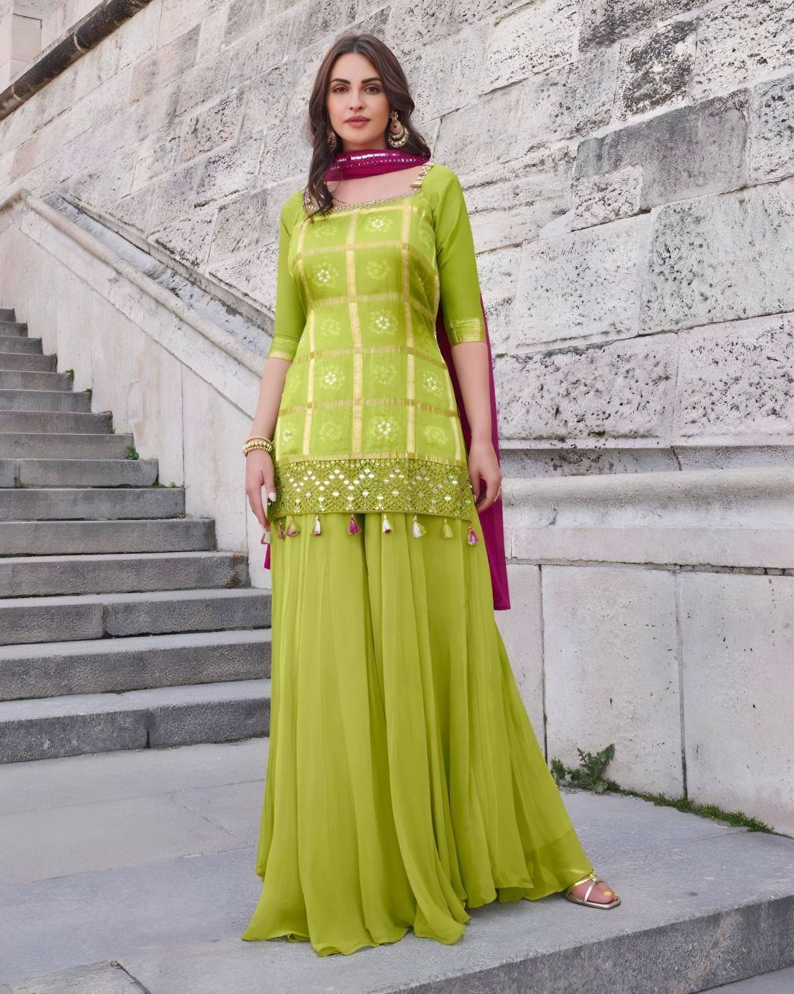 Lime Green Chinon Silk Palazzo Suit with Embroidered