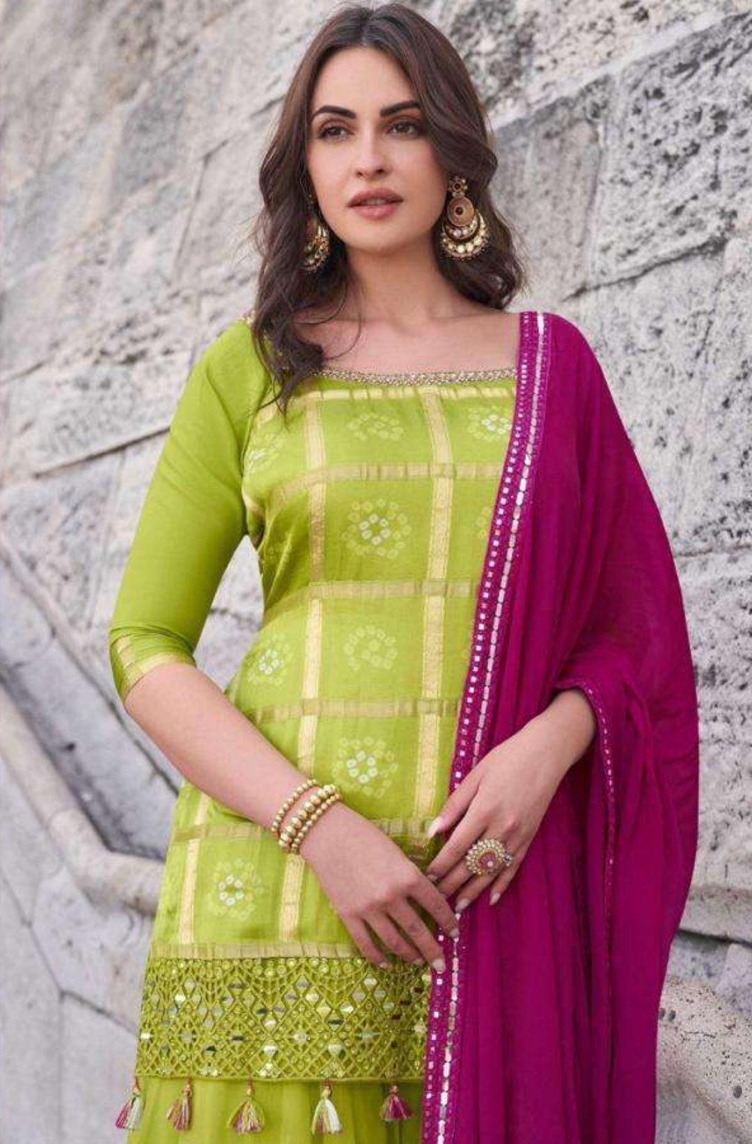 Lime Green Chinon Silk Palazzo Suit with Embroidered