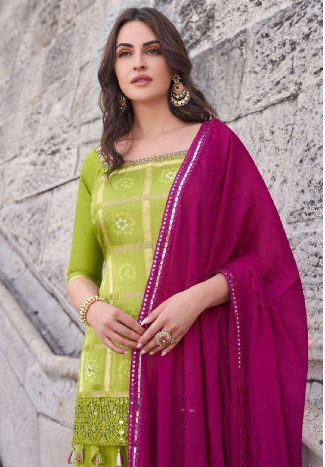 Lime Green Chinon Silk Palazzo Suit with Embroidered