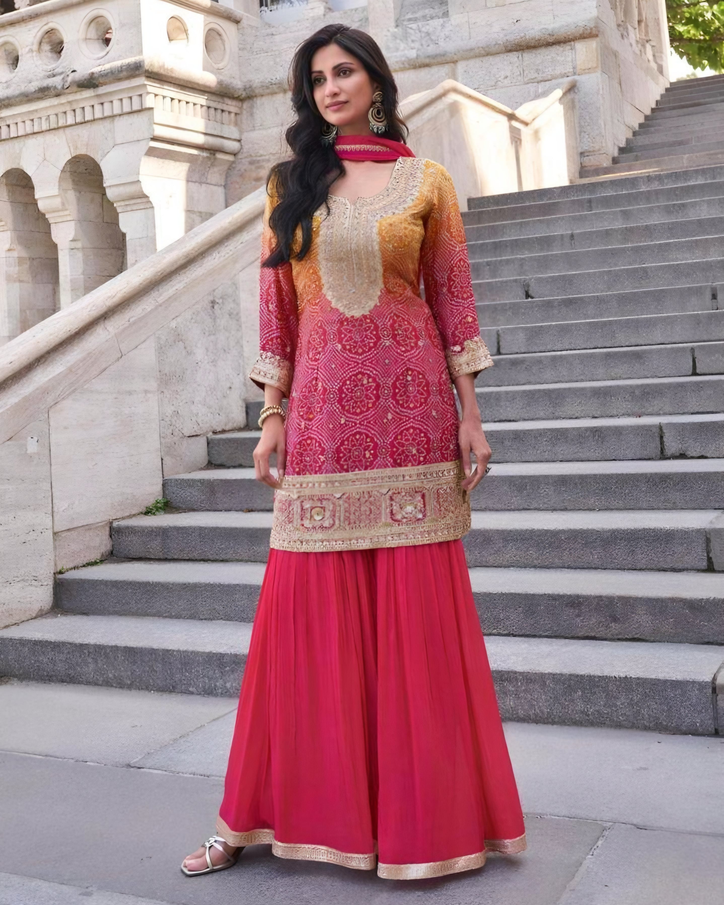 Elegant Chinon Silk Sharara Suit in Pink and Orange