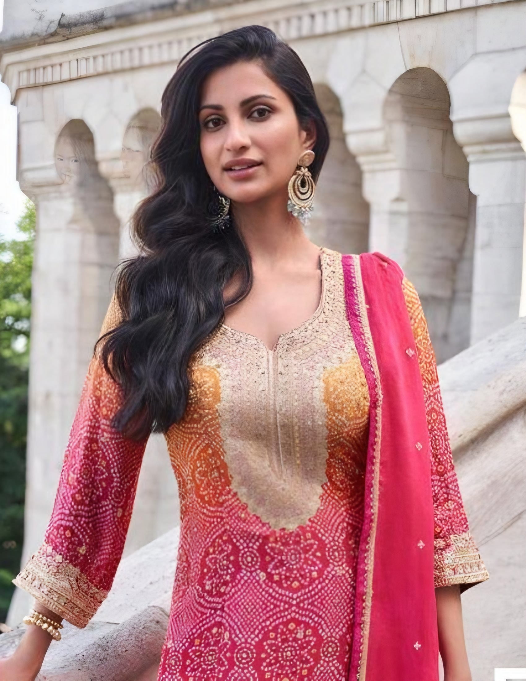 Elegant Chinon Silk Sharara Suit in Pink and Orange