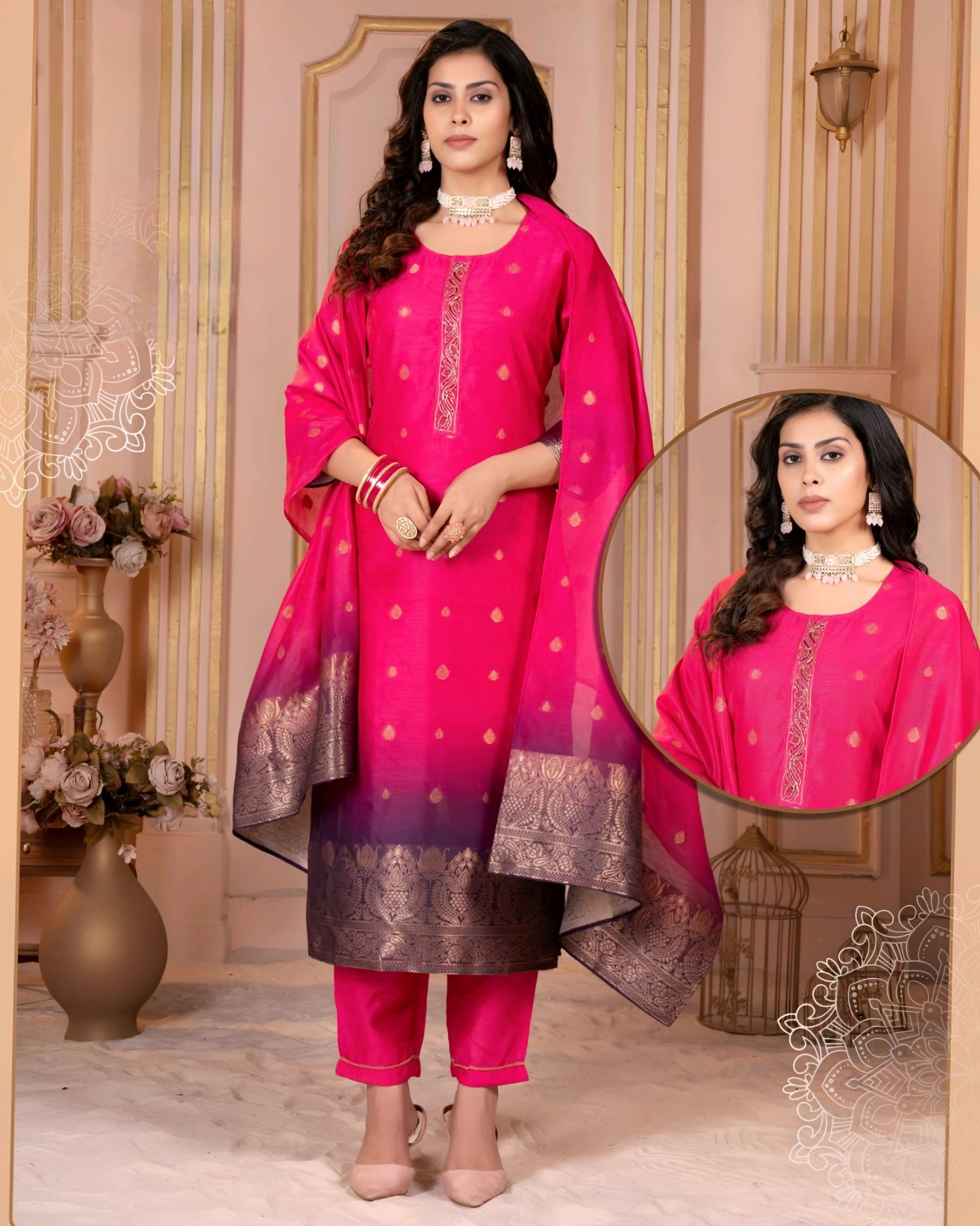 Pink  Ombré Chanderi Jacquard Salwar Suit