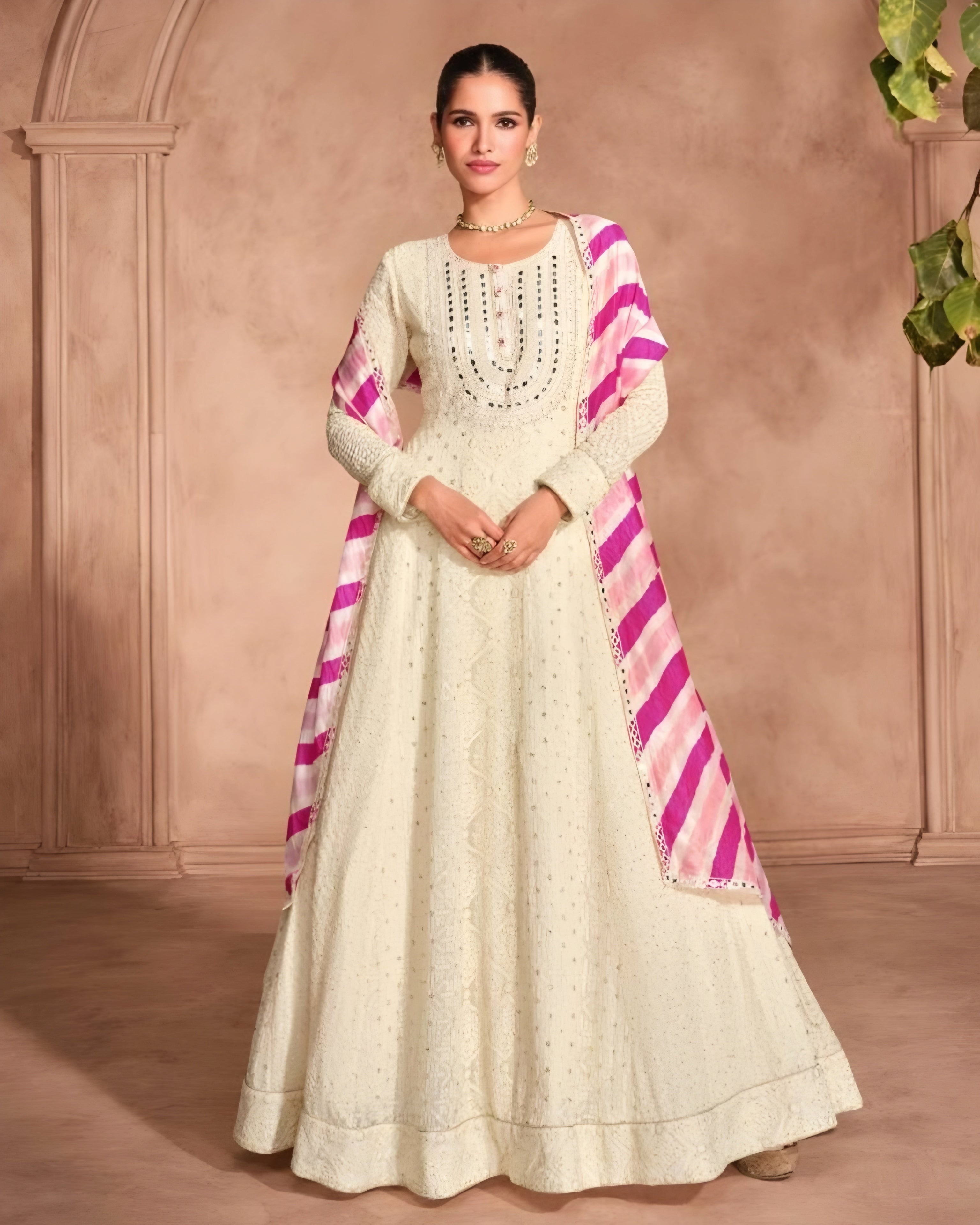 White Embroidered Georgette Anarkali Suits Pink Dupatta