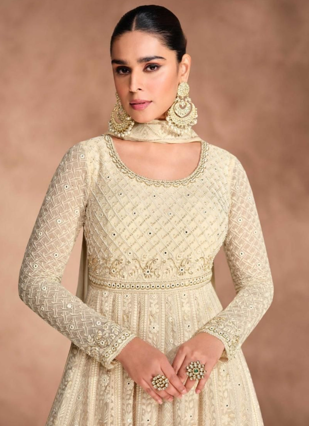 Beige Embroidered Georgette Chikankari Anarkali Suits