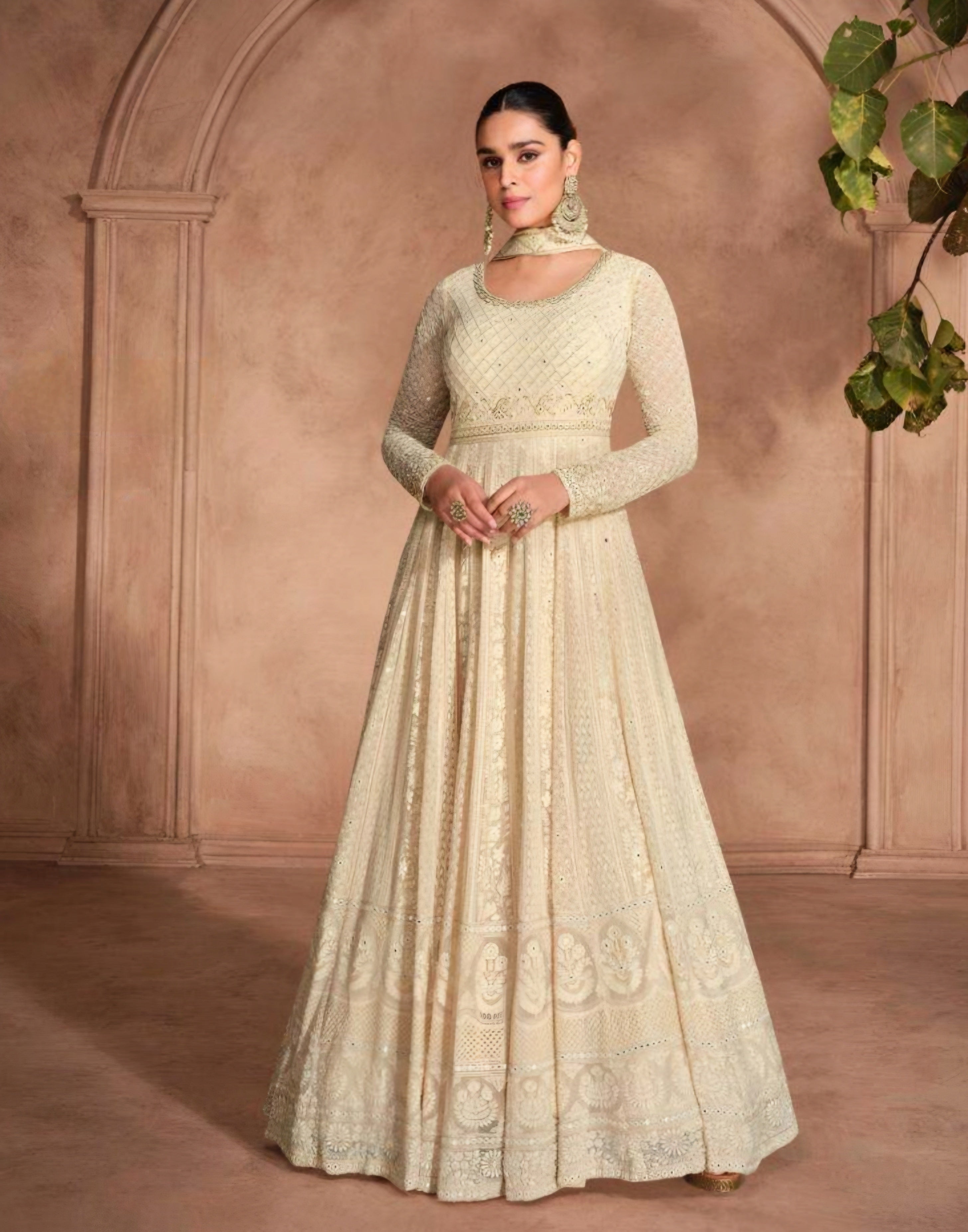 Beige Embroidered Georgette Chikankari Anarkali Suits