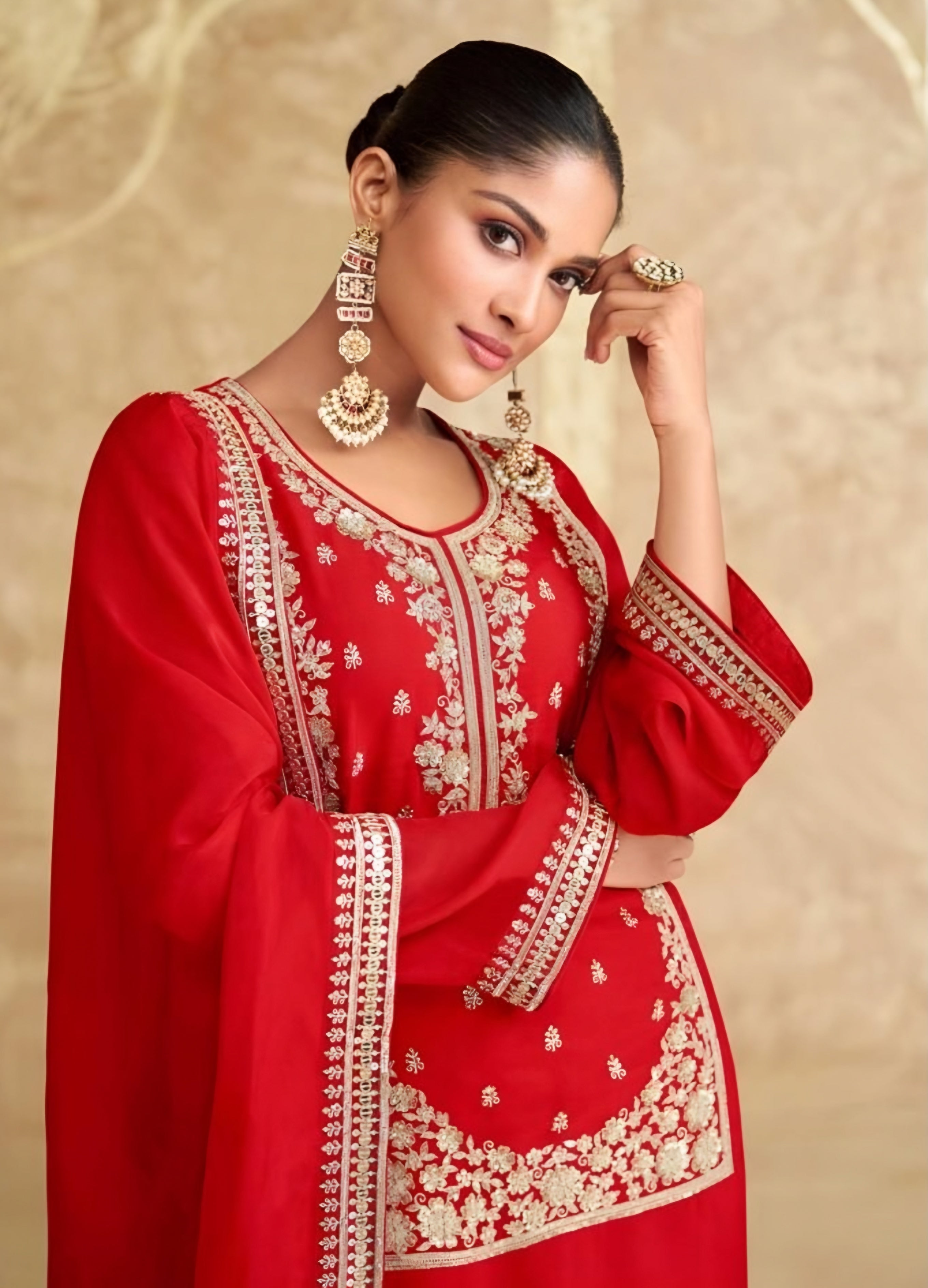 Red and White  Chinon Silk Palazzo Suits