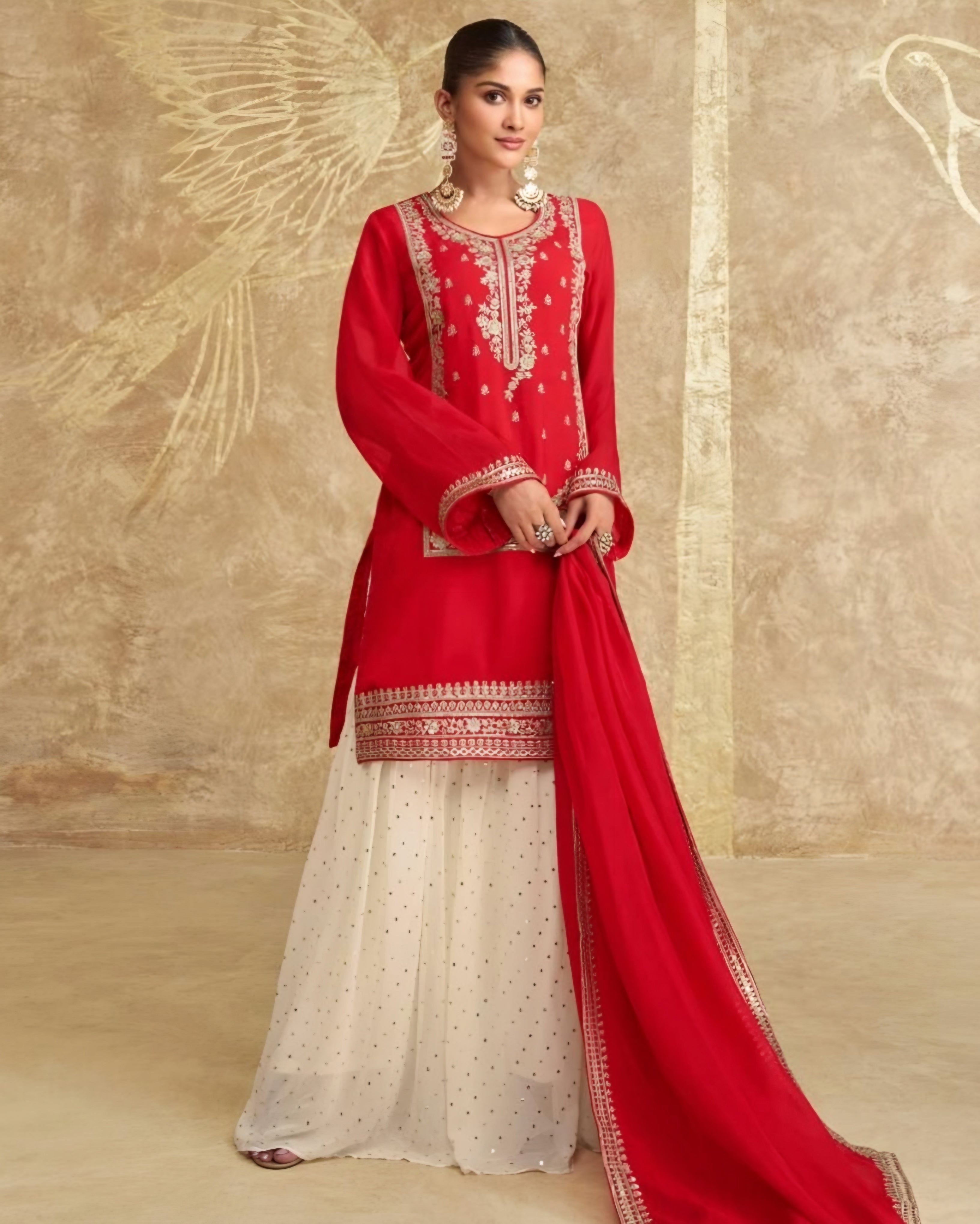 Red and White  Chinon Silk Palazzo Suits