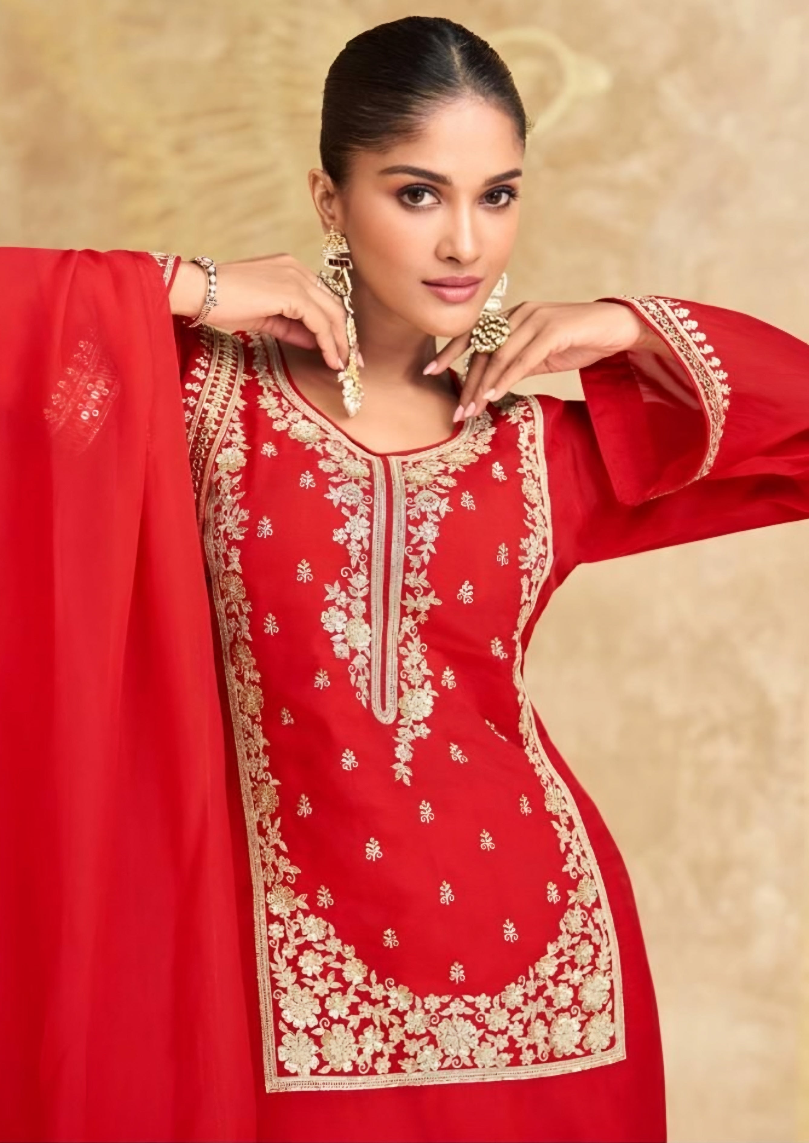 Red and White  Chinon Silk Palazzo Suits