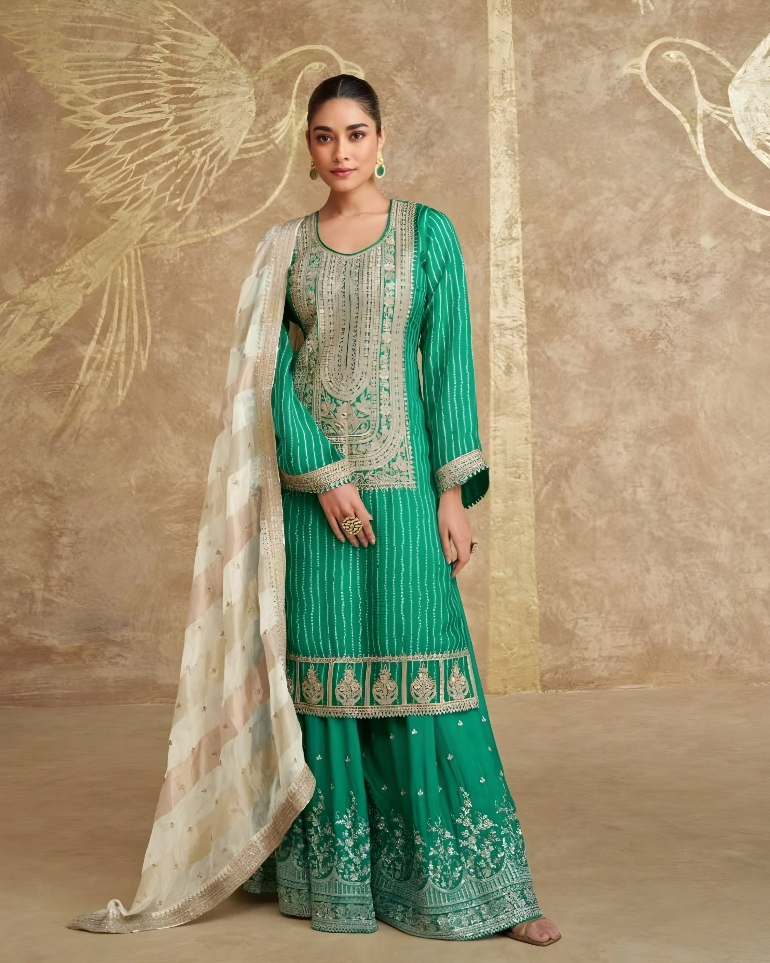 Green Chinon Silk Palazzo Suits