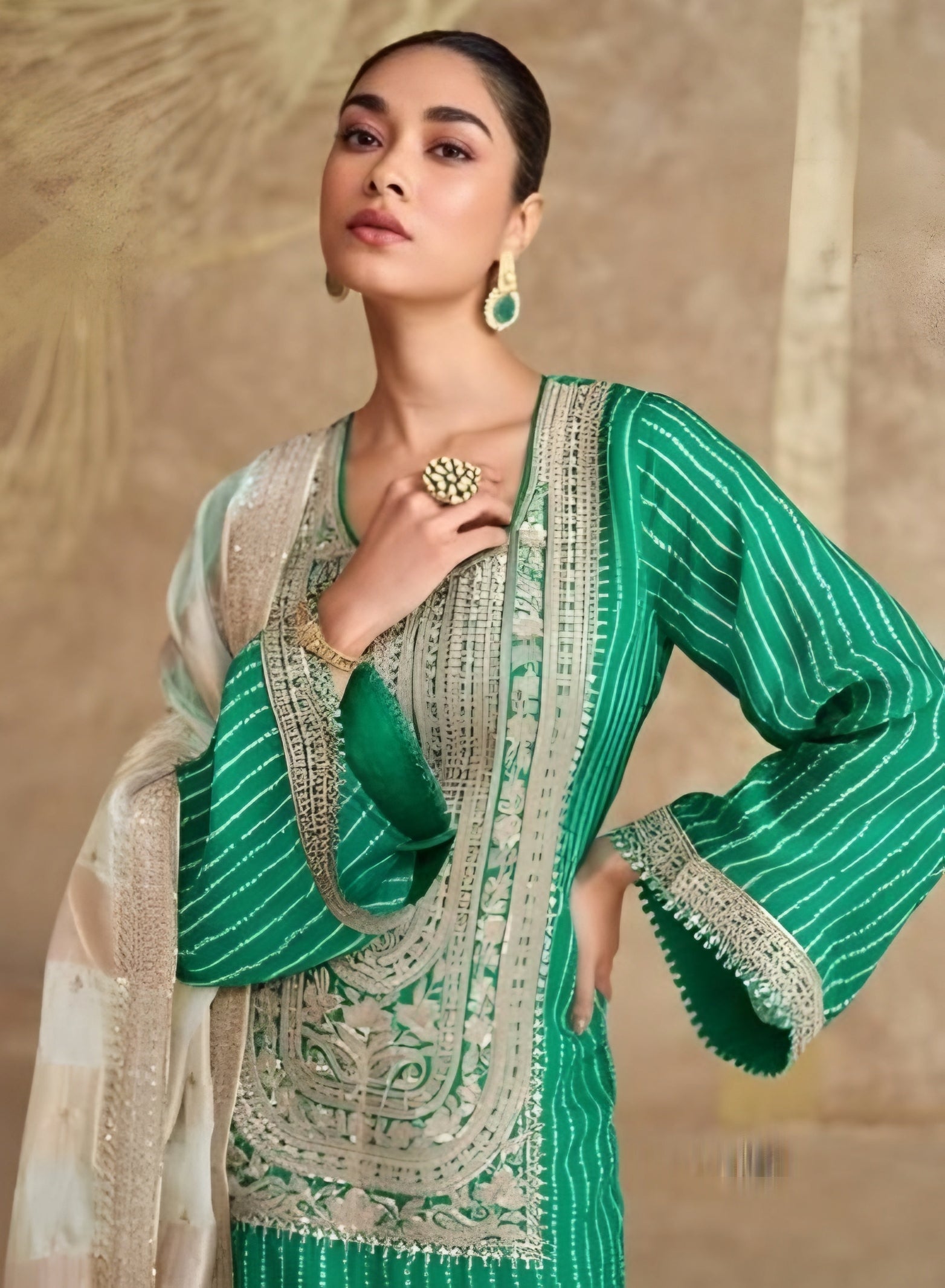 Green Chinon Silk Palazzo Suits