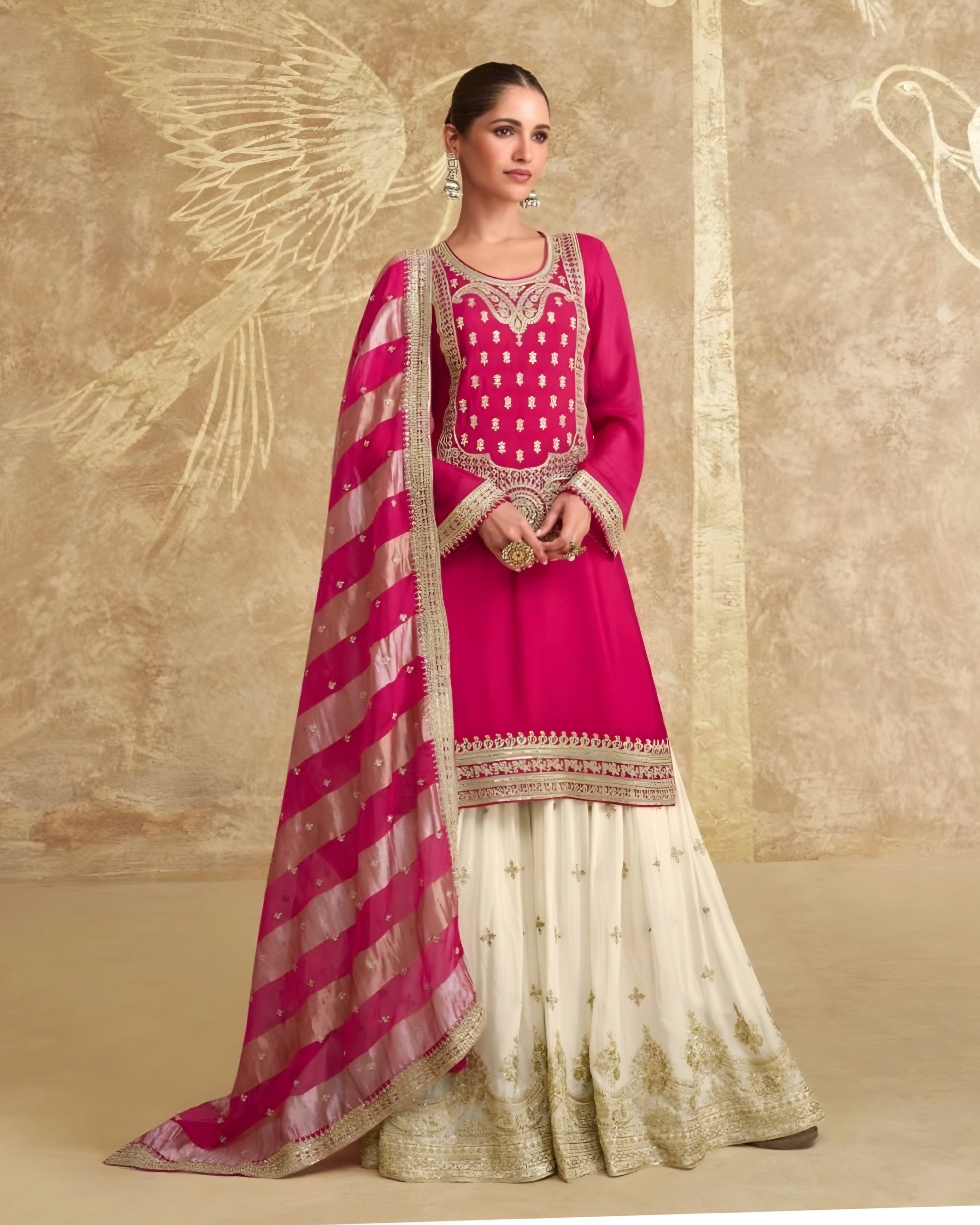 Pink and White  Chinon Silk Palazzo Suits