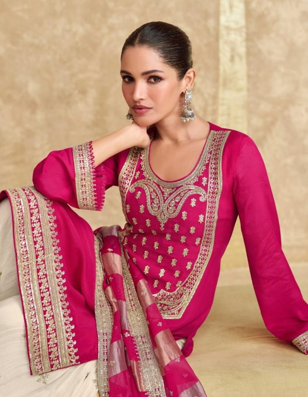 Pink and White  Chinon Silk Palazzo Suits