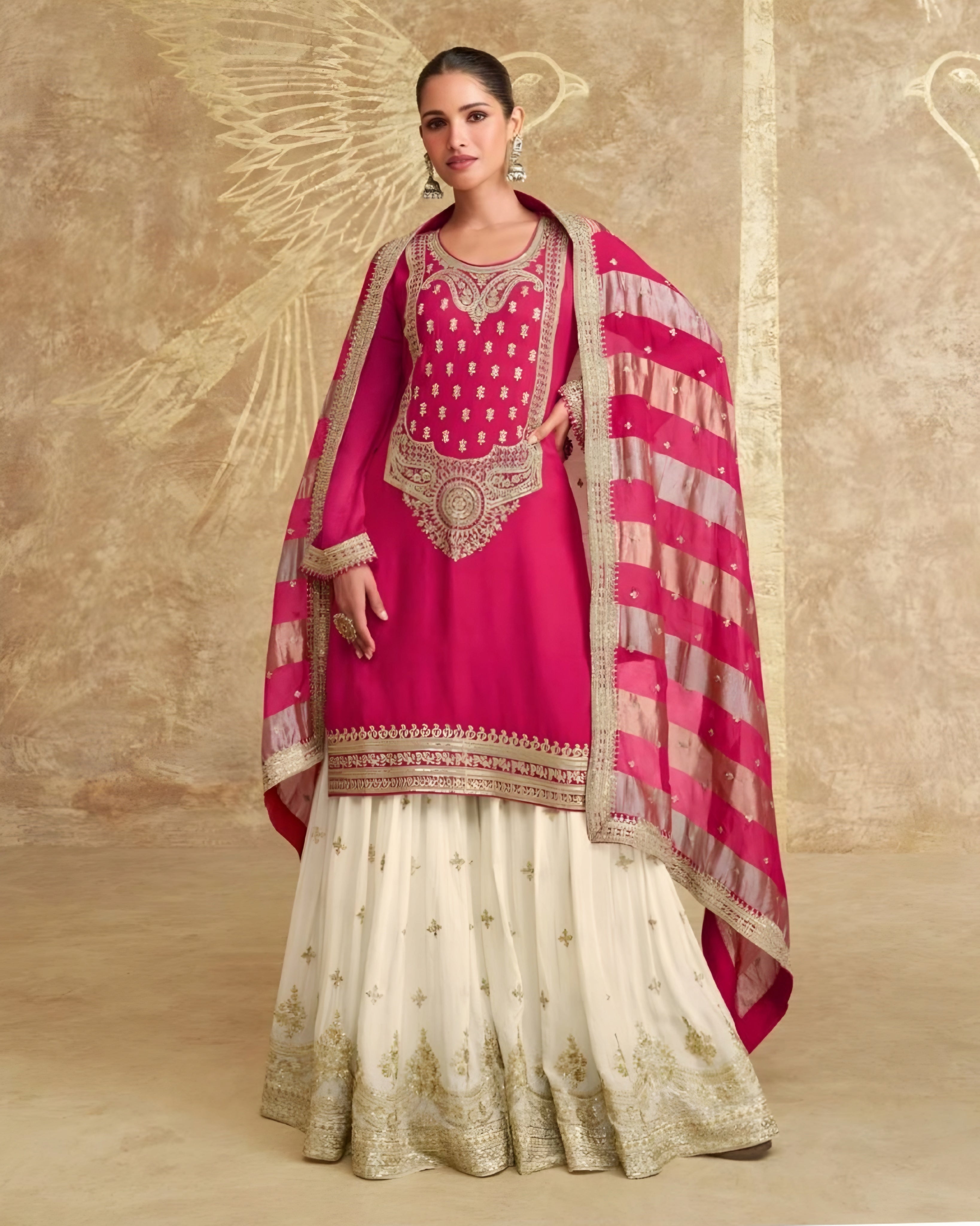 Pink and White  Chinon Silk Palazzo Suits