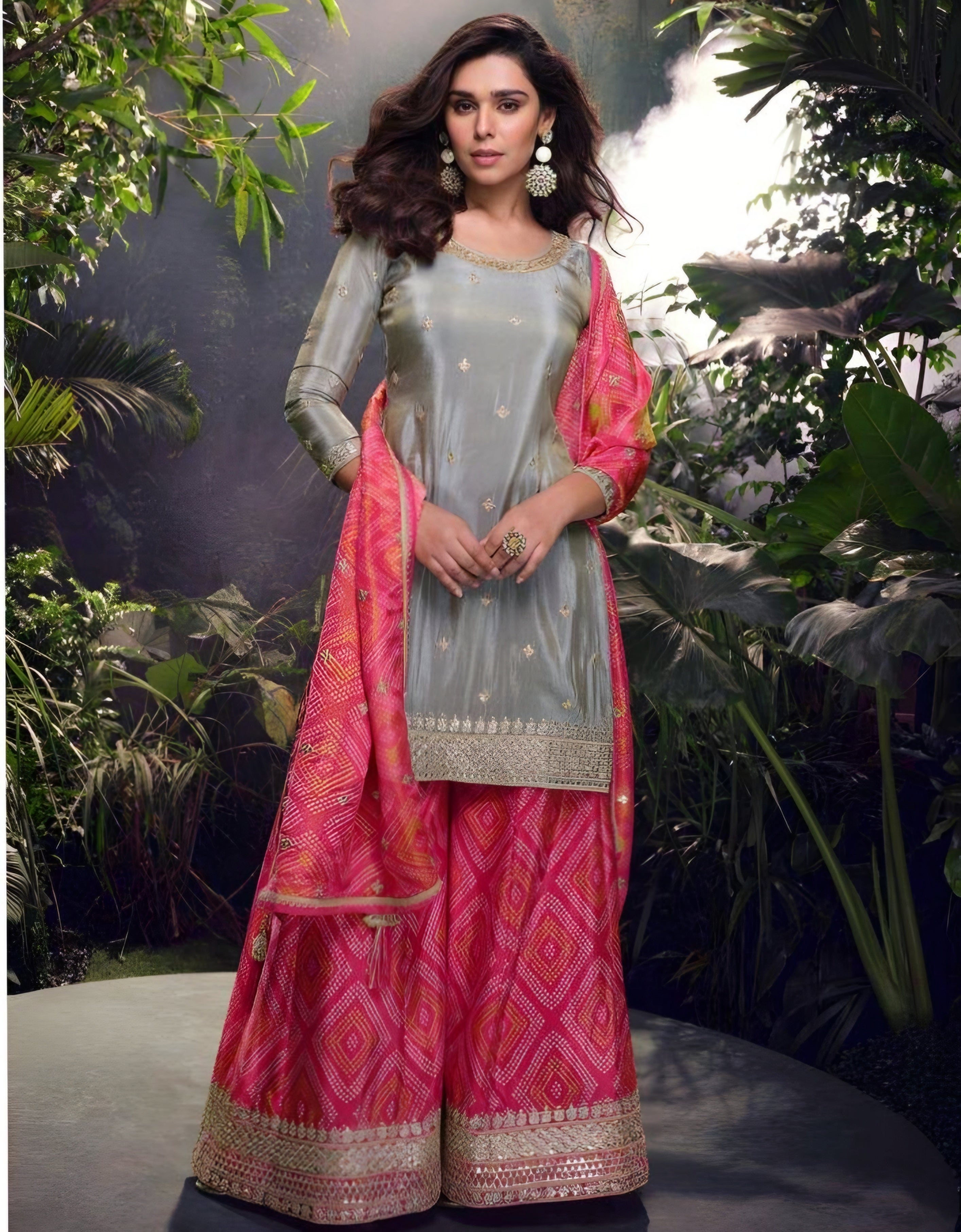 Real Chinon Floral Print Palazzo Suits Grey and Pink