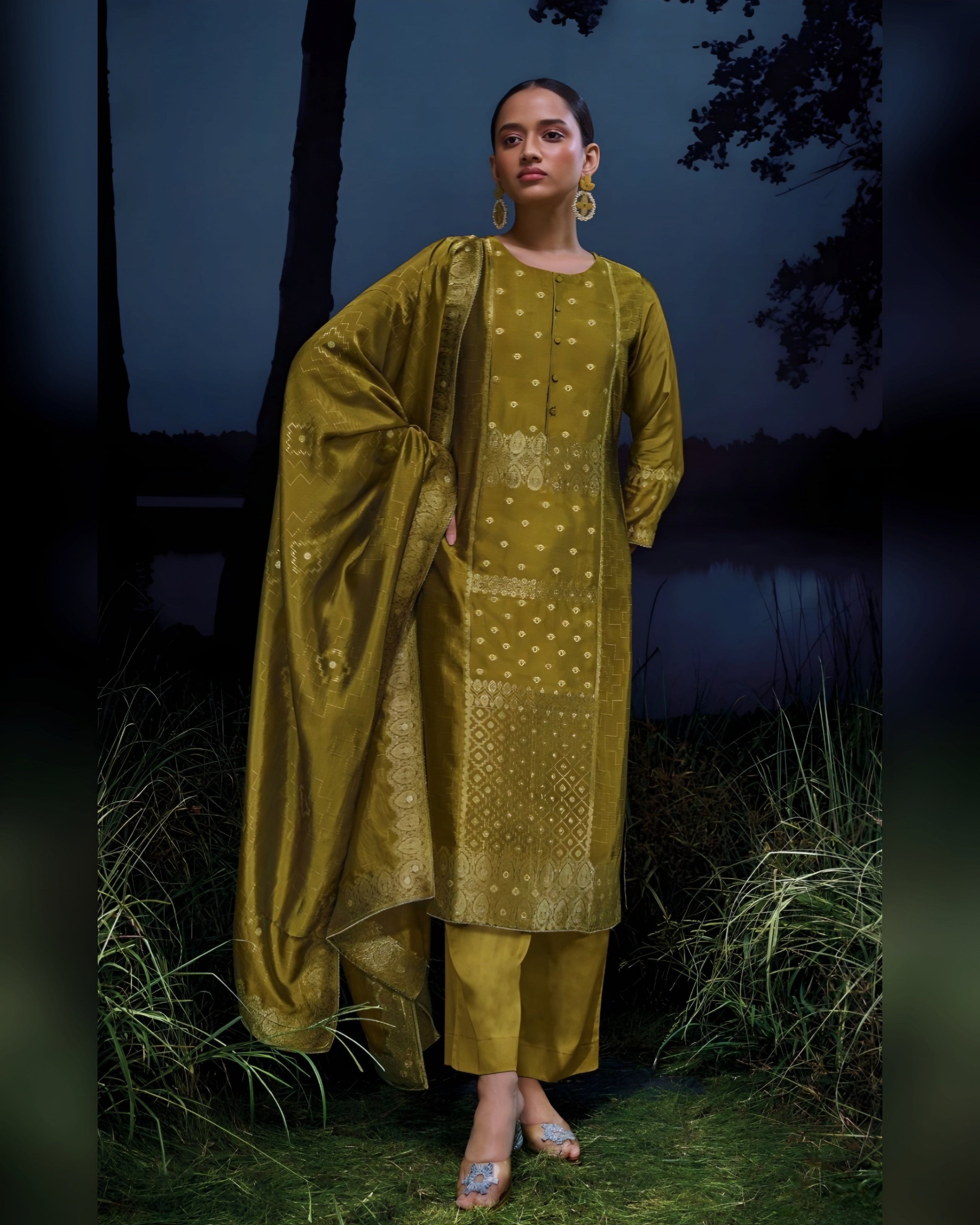 Pure Viscose Silk Jaquard Salwar Kameez Yellow