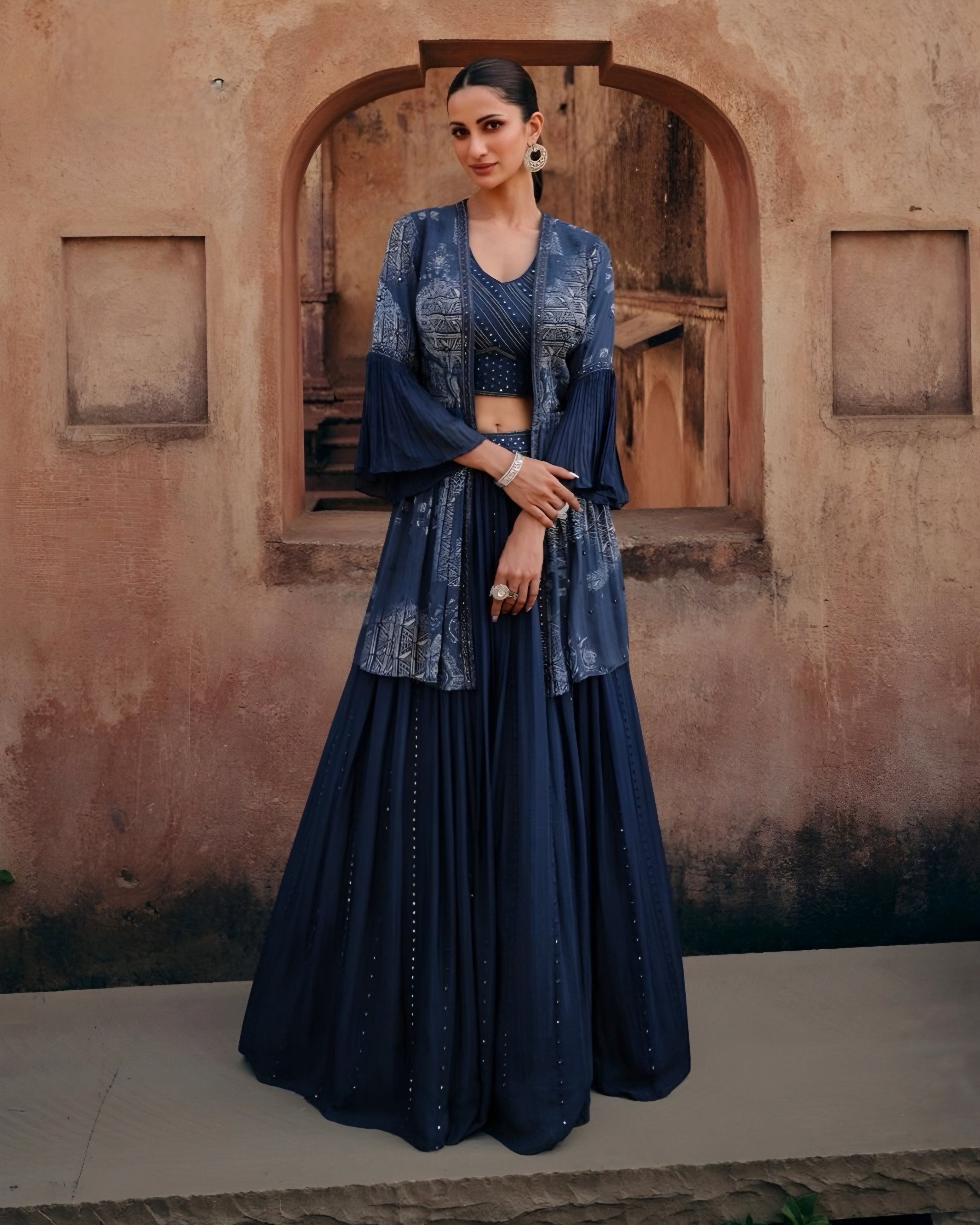 Blue Chinon Silk Indo Western Lehenga