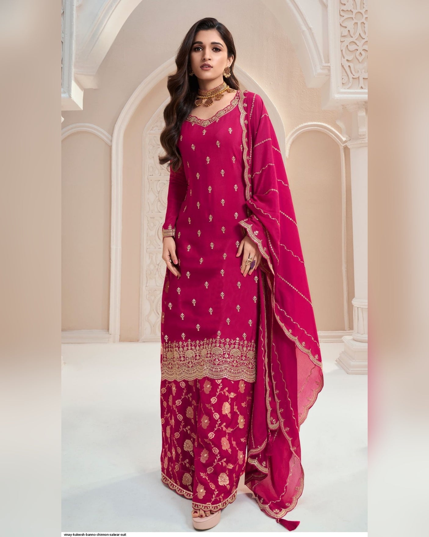 Chinon Silk Zari Embroidered Palazzo Suits Plus