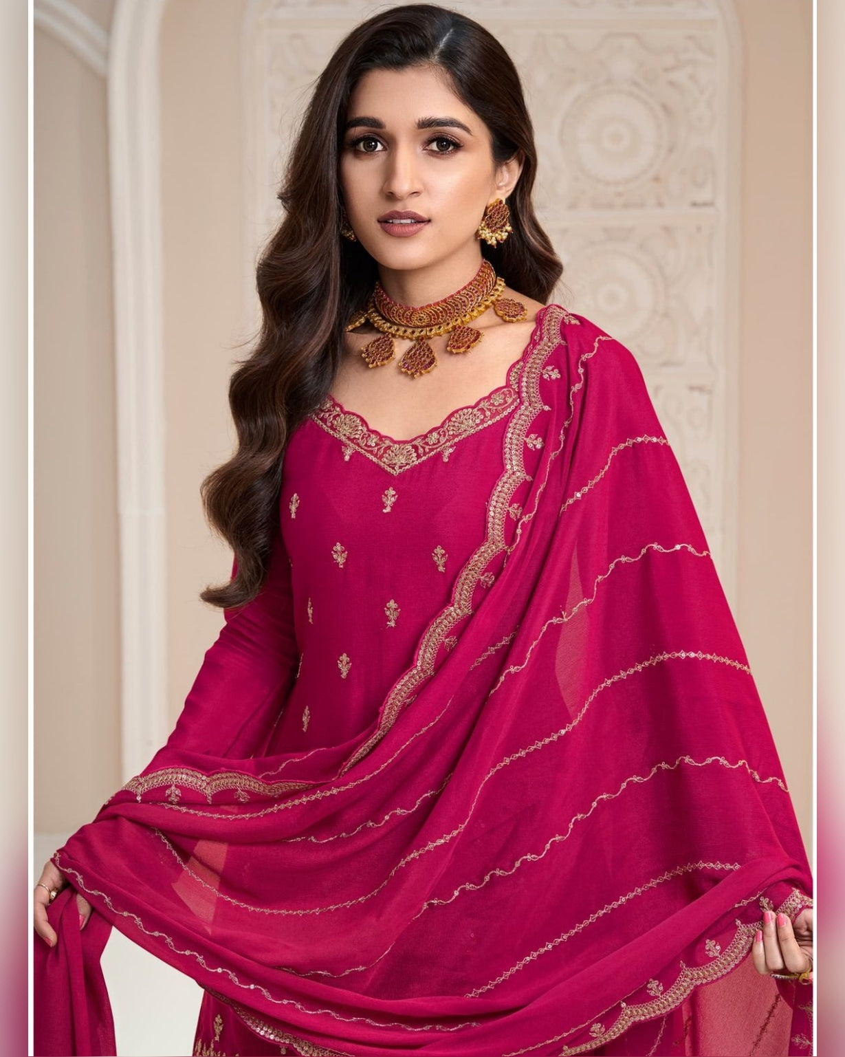 Chinon Silk Zari Embroidered Palazzo Suits Plus