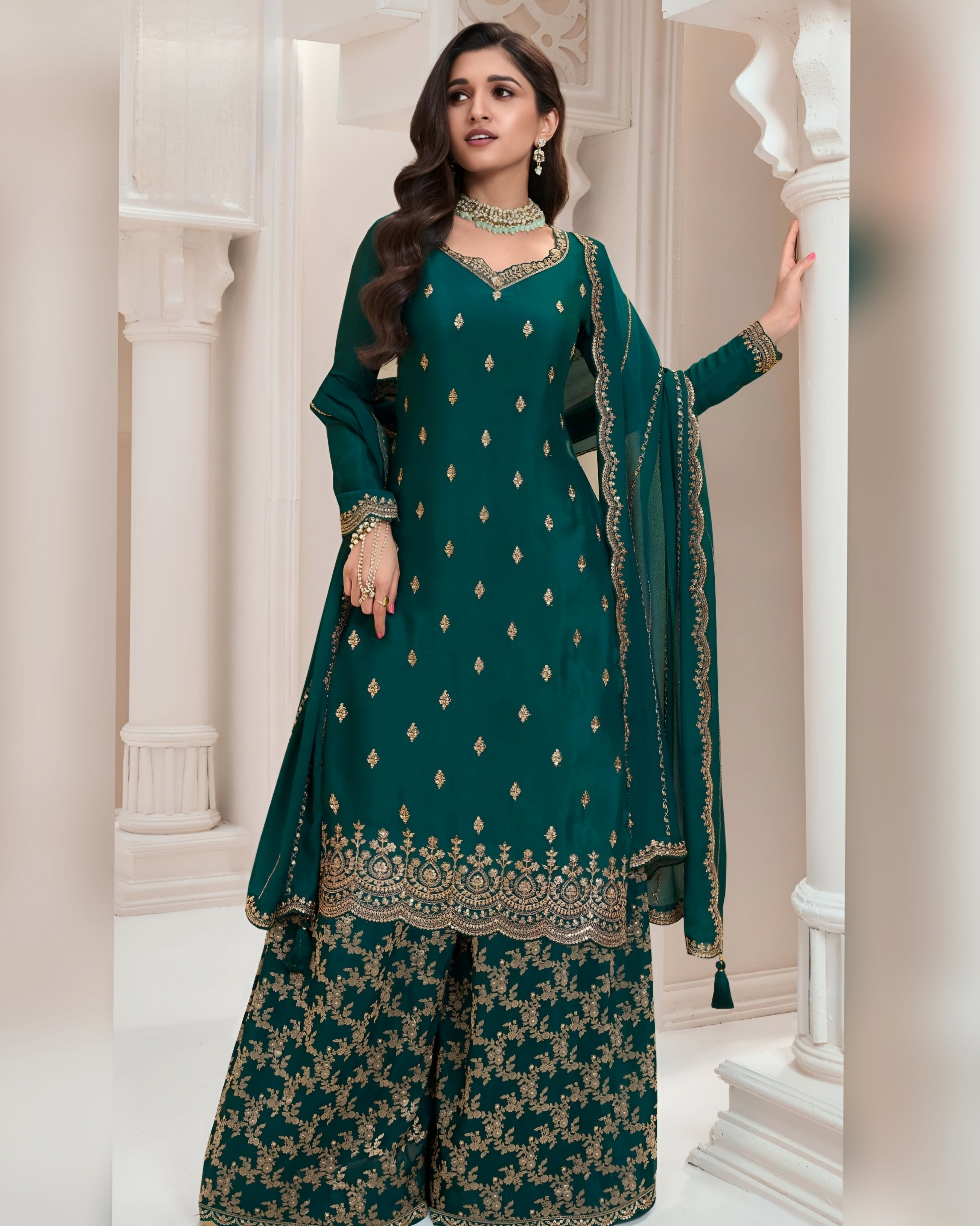 Chinon Silk Zari Embroidered Palazzo Suits Plus