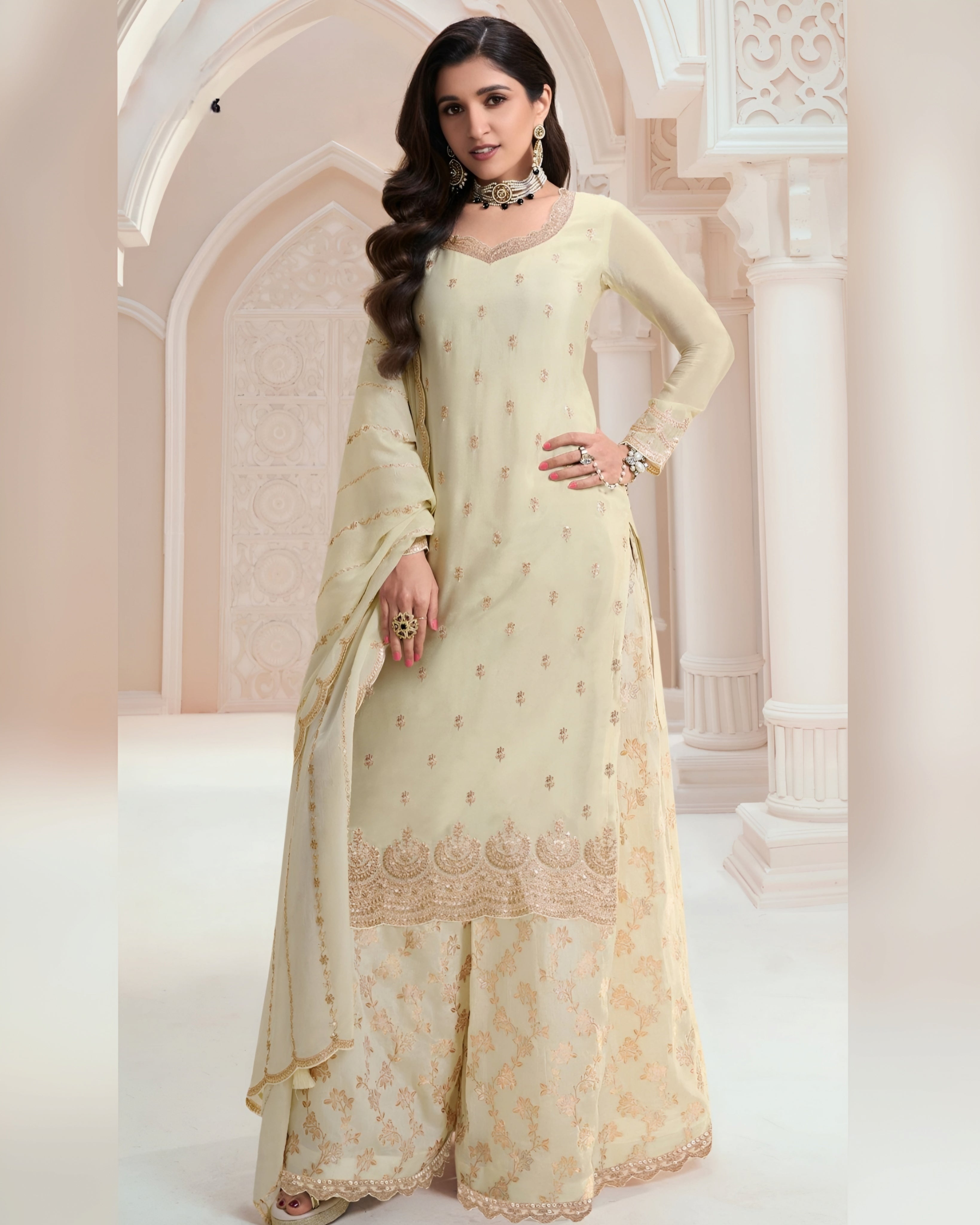 Chinon Silk Zari Embroidered Palazzo Suits Plus