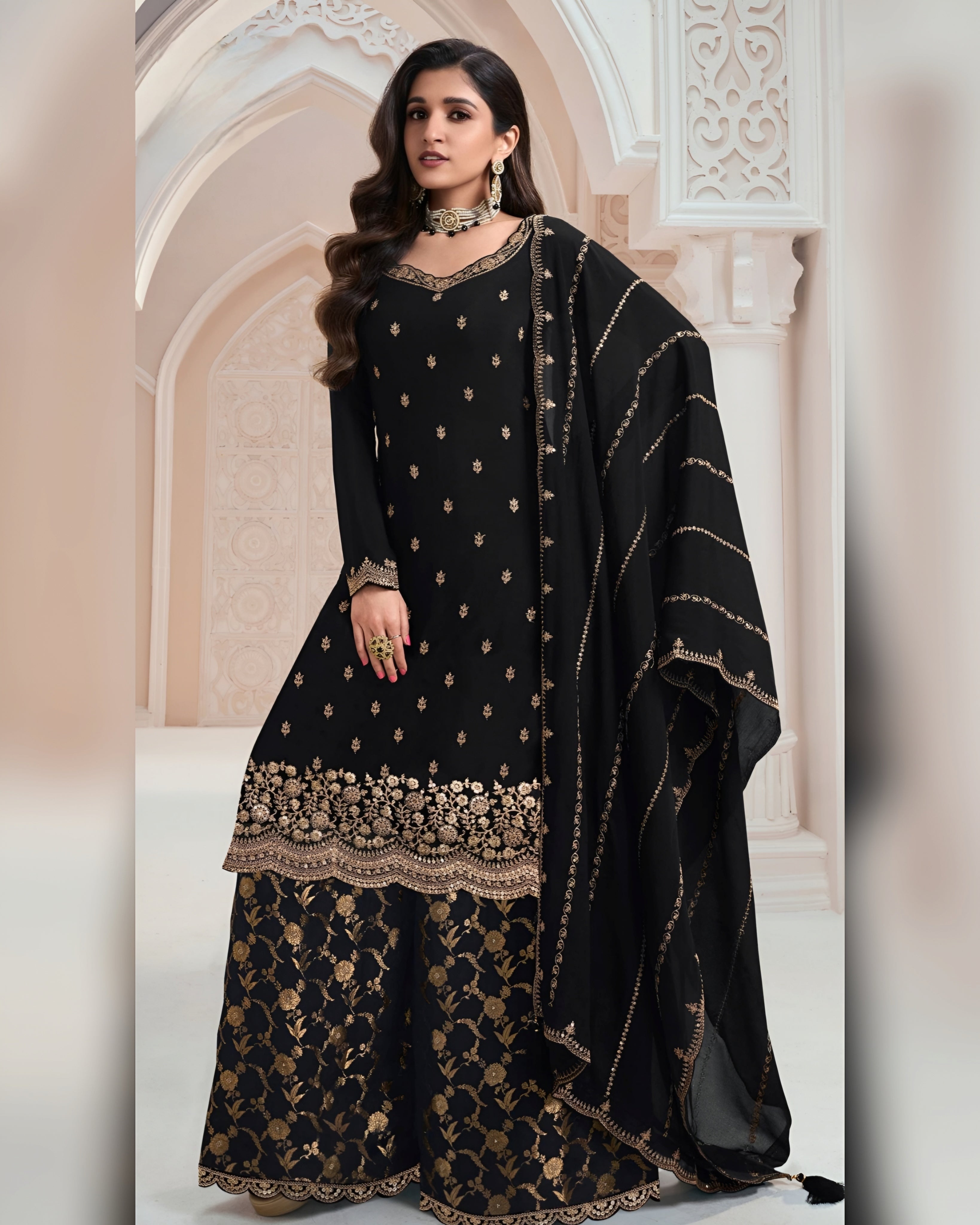 Chinon Silk Zari Embroidered Palazzo Suits Plus