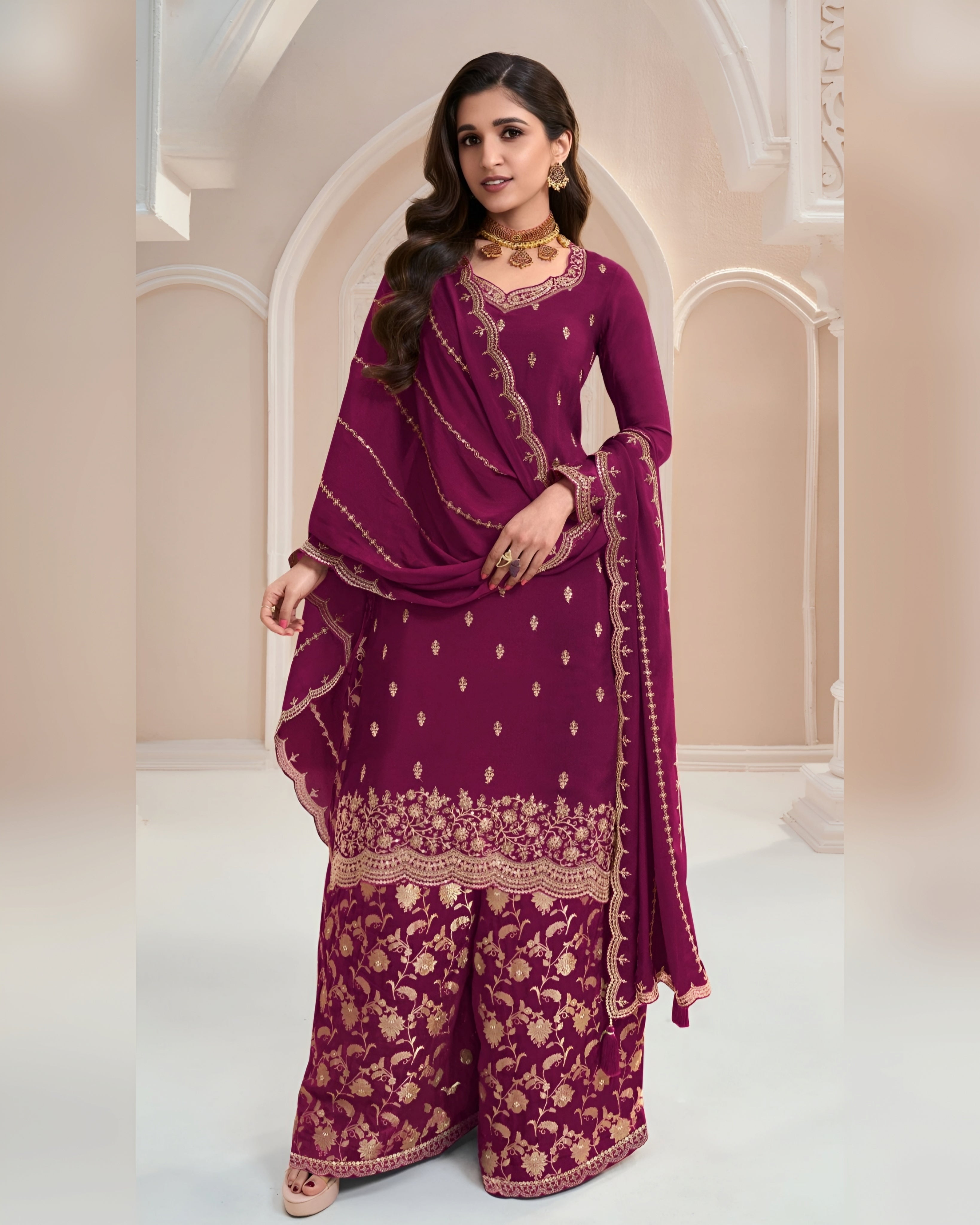 Chinon Silk Zari Embroidered Palazzo Suits Plus