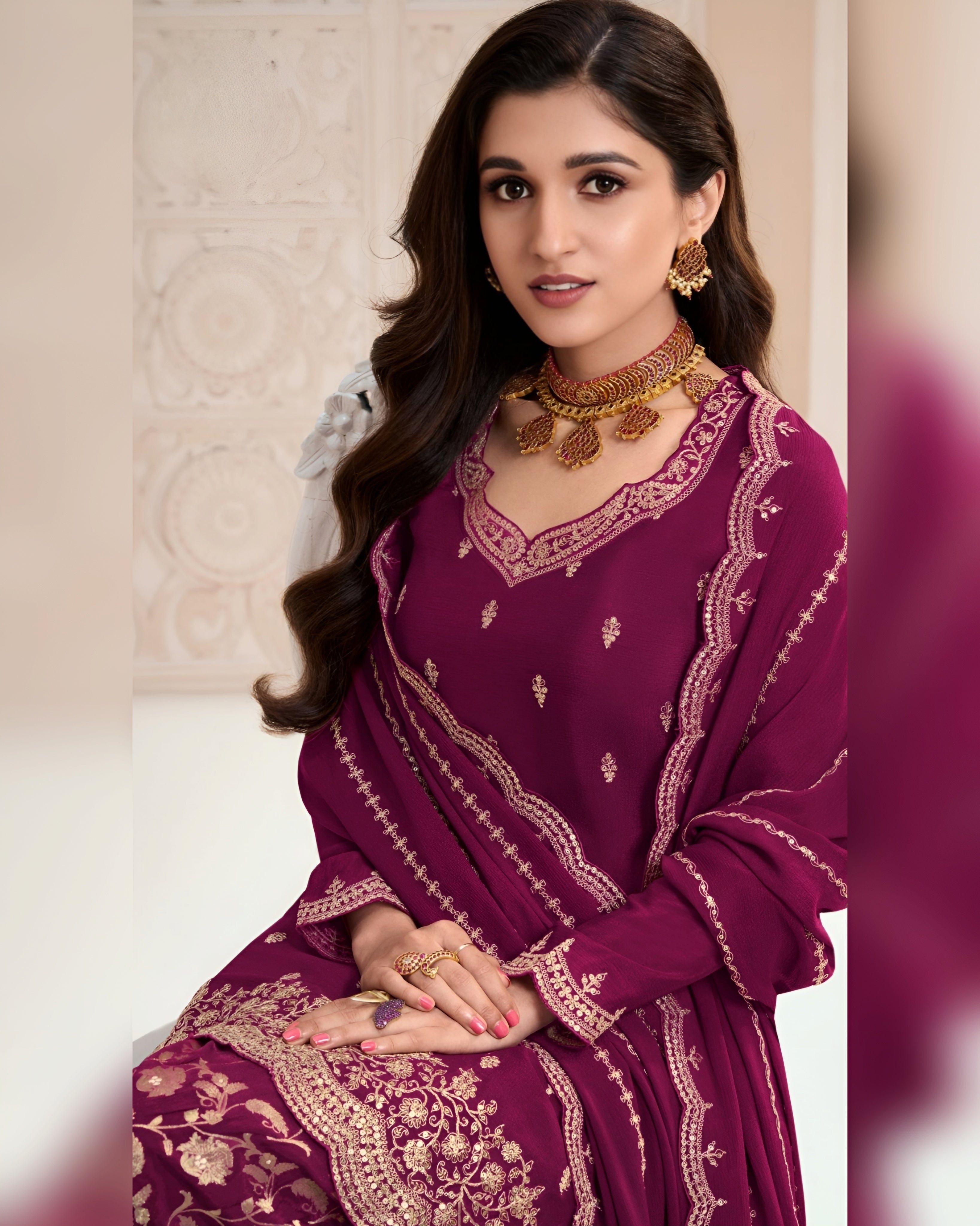 Chinon Silk Zari Embroidered Palazzo Suits Plus